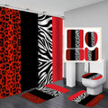 jieprom 4PCS Leopard Print Shower Curtain Set with Rug, Toilet Lid Cover and Bath Mat,Red Black Splice Shower Curtain with 12 Ho