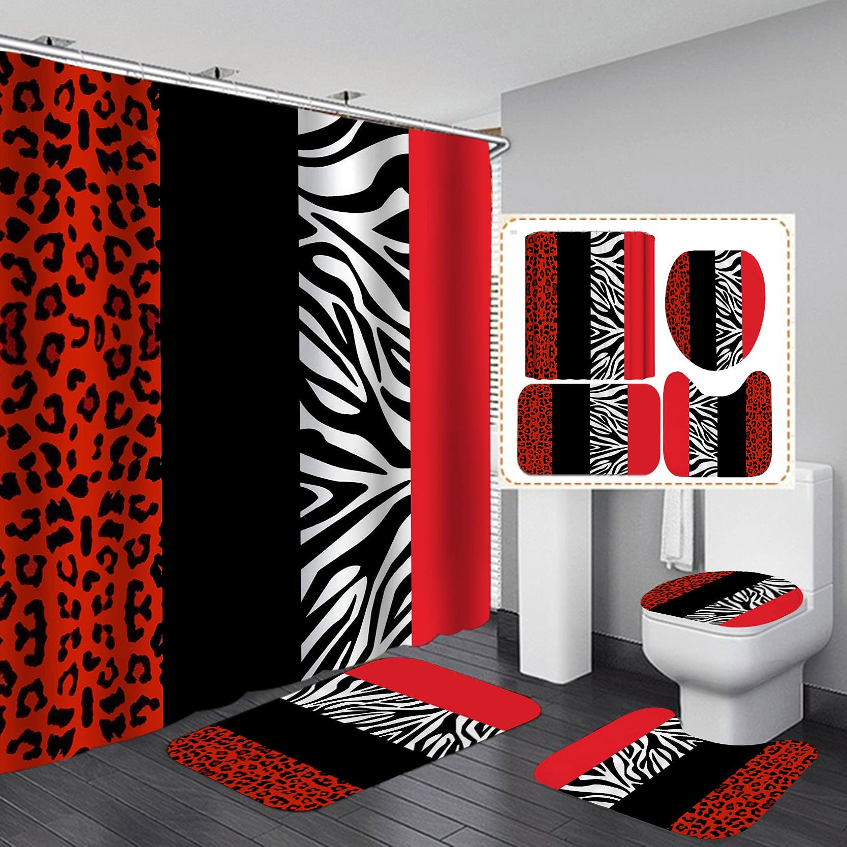 jieprom 4PCS Leopard Print Shower Curtain Set with Rug, Toilet Lid Cover and Bath Mat,Red Black Splice Shower Curtain with 12 Ho