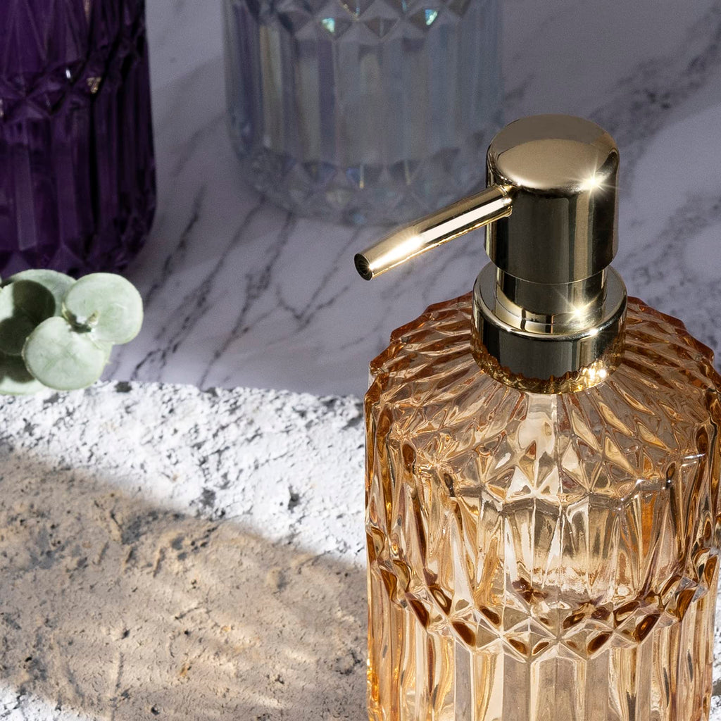 Tisuzxcv Diamond Design 12 Oz Green Glass Soap Dispenser,Refillable Lotion Soap Dispenser For Bathroom, Kitchen, Hand Soap, Dish
