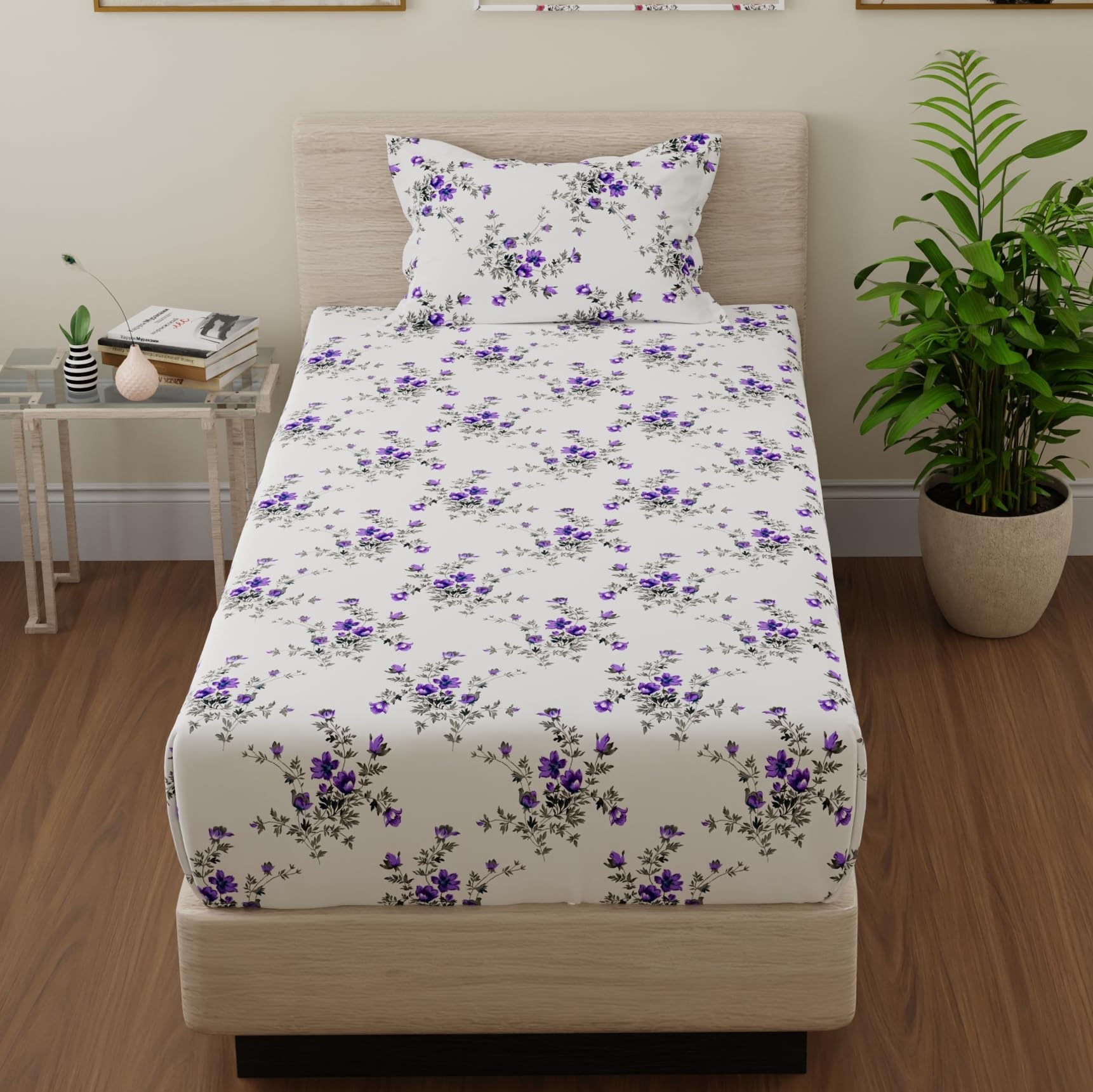 Huesland By Ahmedabad Cotton 144 Tc Cotton Single Bedsheet With 1 Pillow Cover  Purple, White