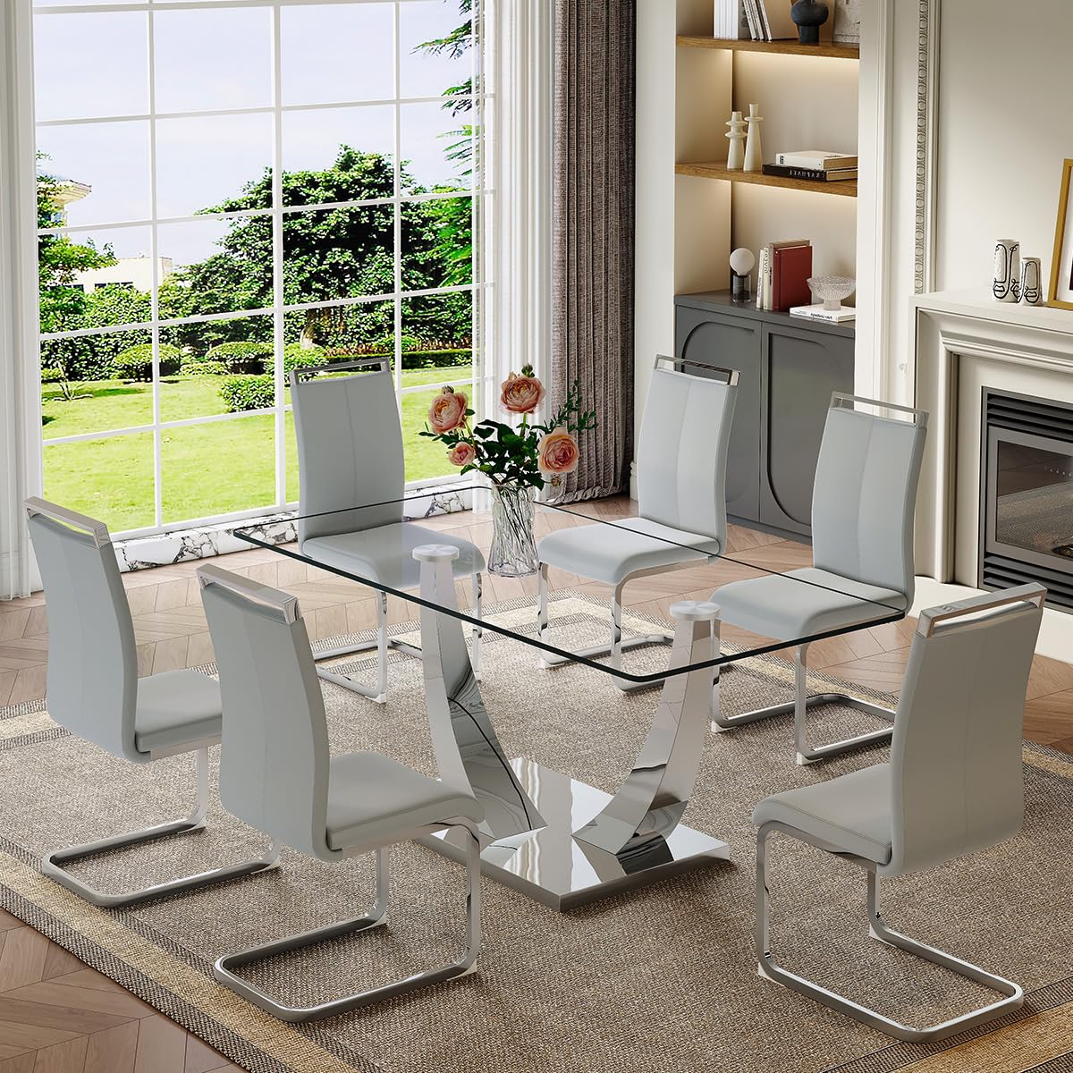 63inch Glass Dining Table Set For 6, Dining Table Set For 6, Table With Stainless Steel Leg And Base And 6 Dining Chairs, Dining Ro
