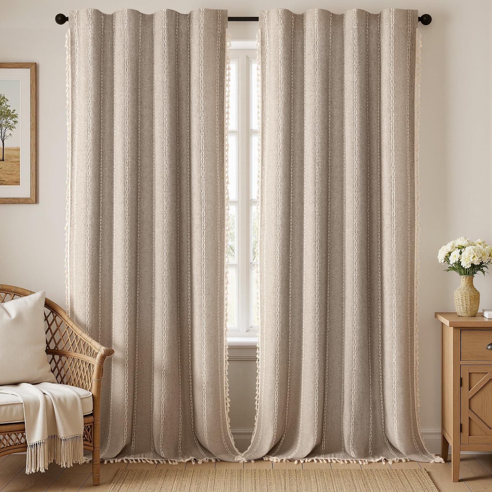 XOGUIBO Brown Boho Blackout Curtains 96 Inches Long Linen Blend 2 Panels with Tassels and Cotton Embroidery, Farmhouse Vintage R