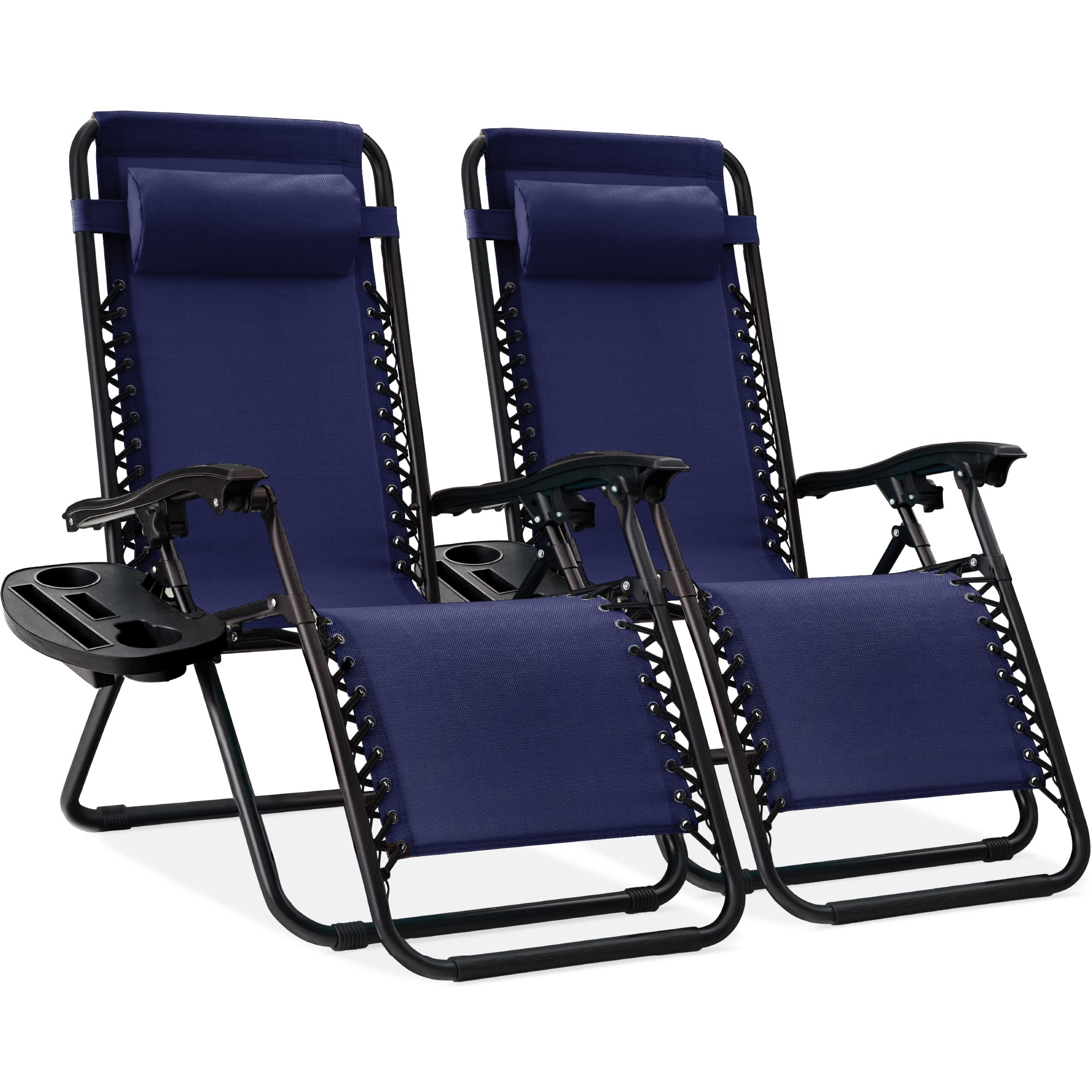 Best Choice Products Set of 2 Adjustable Steel Mesh Zero Gravity Lounge Chair Recliners w/Pillows and Cup Holder Trays - Navy Bl
