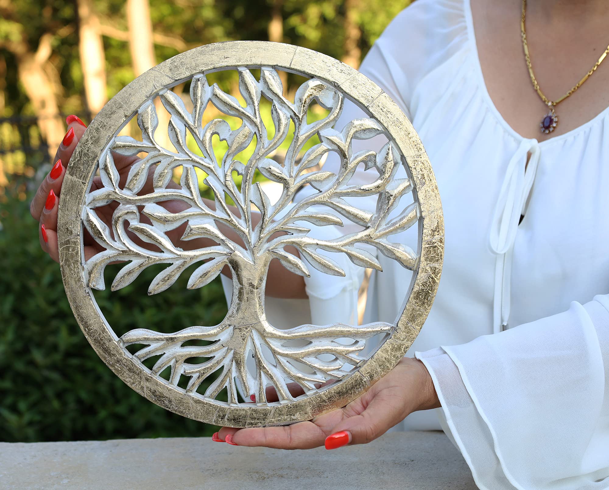 DharmaObjects Handcrafted Wooden Tree Of Life Wall Decor Hanging Art (Gold)