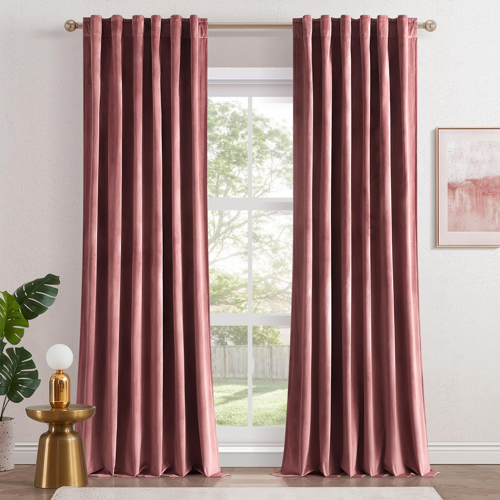 Topfinel 90 Inch Dusty Rose Velvet Curtains,Moderate Velvet Fabric Elegant Drapes,Rod Pocket Back Tab Sunlight Blocking Room Dar
