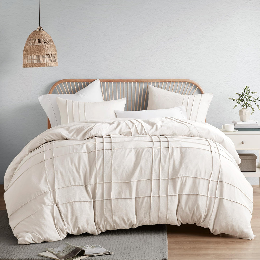 Comfort Spaces Cream King Size Duvet Cover Set - 3 Pieces Pintuck Pleated Duvet Cover King, All Season Lightweight, Extra Softness Pre-Washed Microfiber King Bedding Cover Shams, King/Cal King