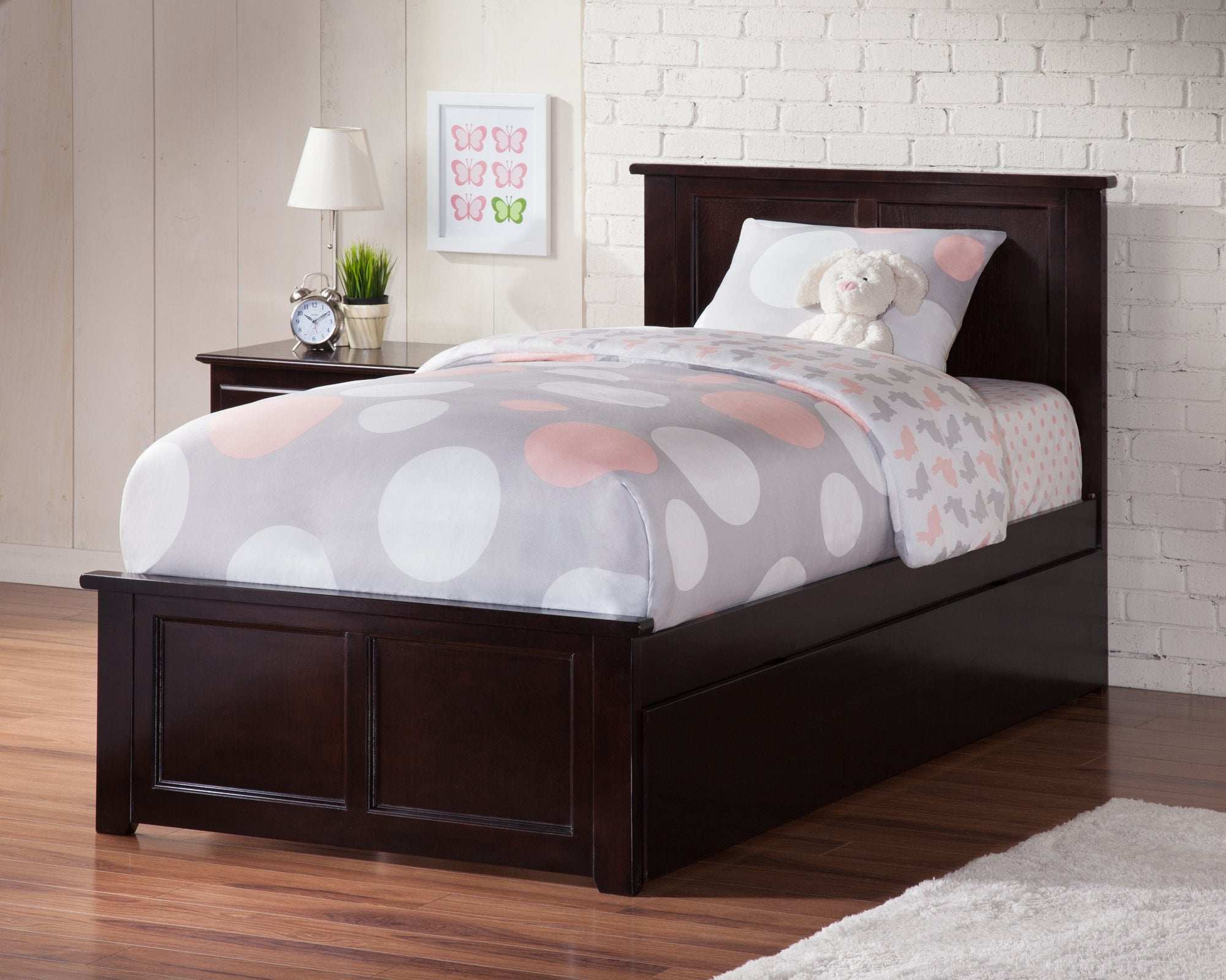 AFI, Madison Full Platform Bed with Matching Footboard, Full Trundle, and Attachable USB Charger, Walnut