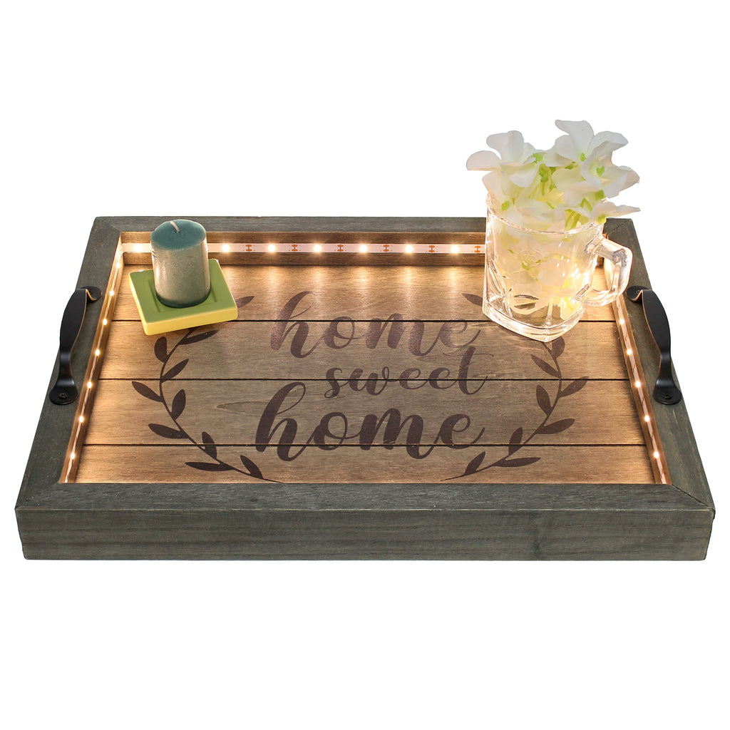 Elegant Designs Hg2032-Rgs Salento Farmhouse Rectangular Decorative Led Light Up Wooden Serving Tray W Metal Handles & Home Sweet Home In Black For Décor, Centerpiece, Breakfast, Bar, Rustic Gray