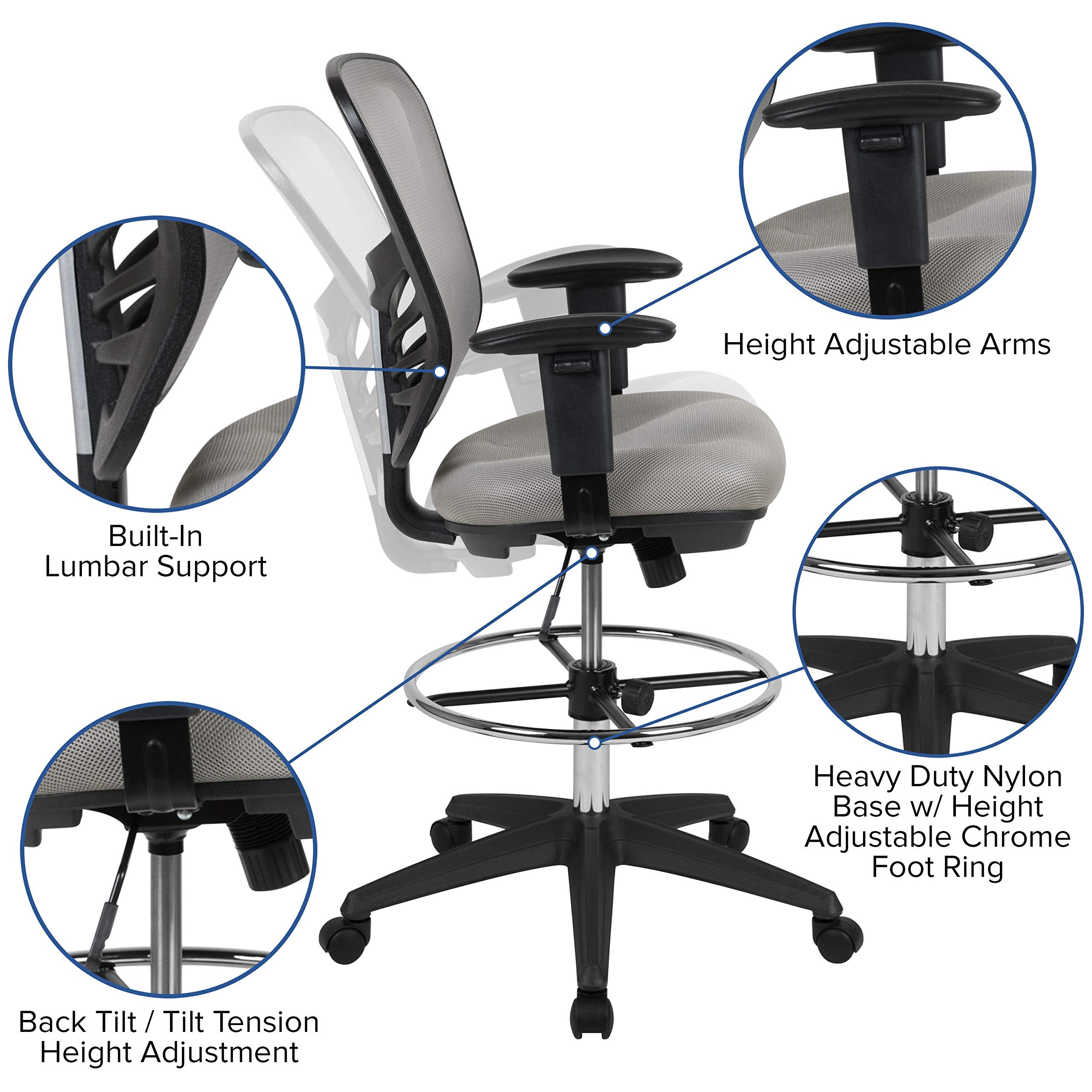 Flash Furniture Tyler Mid-Back Light Gray Mesh Ergonomic Drafting Chair With Adjustable Chrome Foot Ring, Adjustable Arms And Black Frame