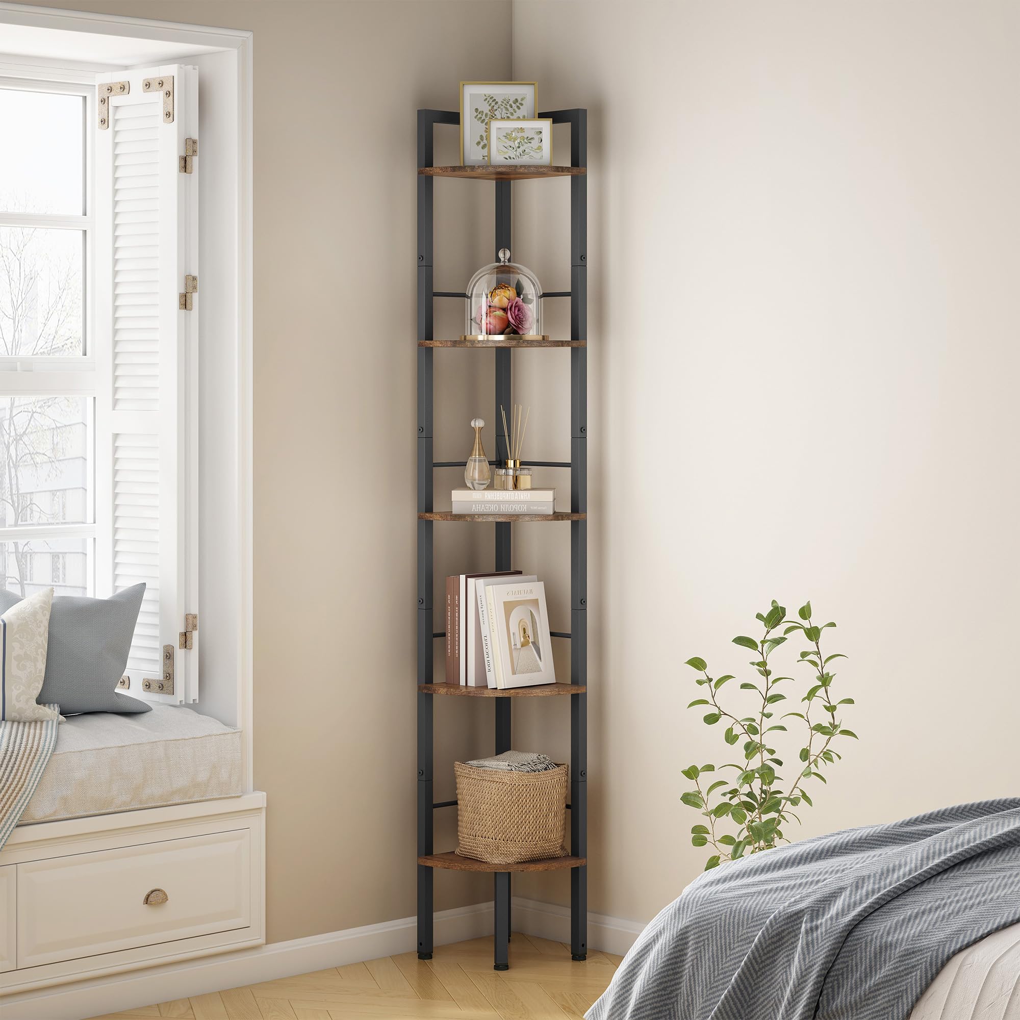 Tajsoon Narrow Corner Shelf Stand 5 Tier 66.5 Industrial Corner Ladder Shelves with Metal Frame, Multipurpose Tall Corner Booksh