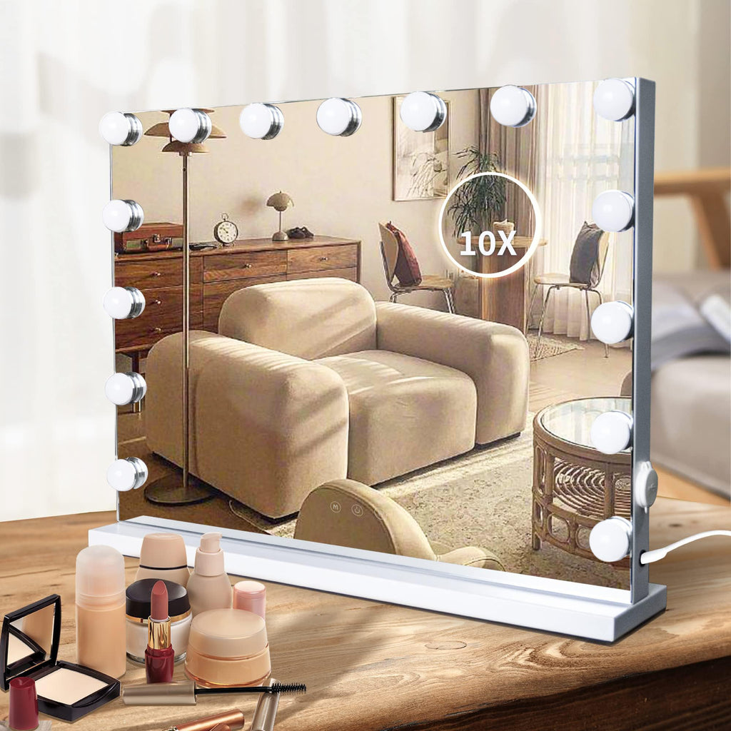 Slimoon Hollywood Vanity Mirror With Lights, 15 Dimmable Led Bulbs 3 Color Lighted Makeup Mirror With Detachable 10X Magnificati