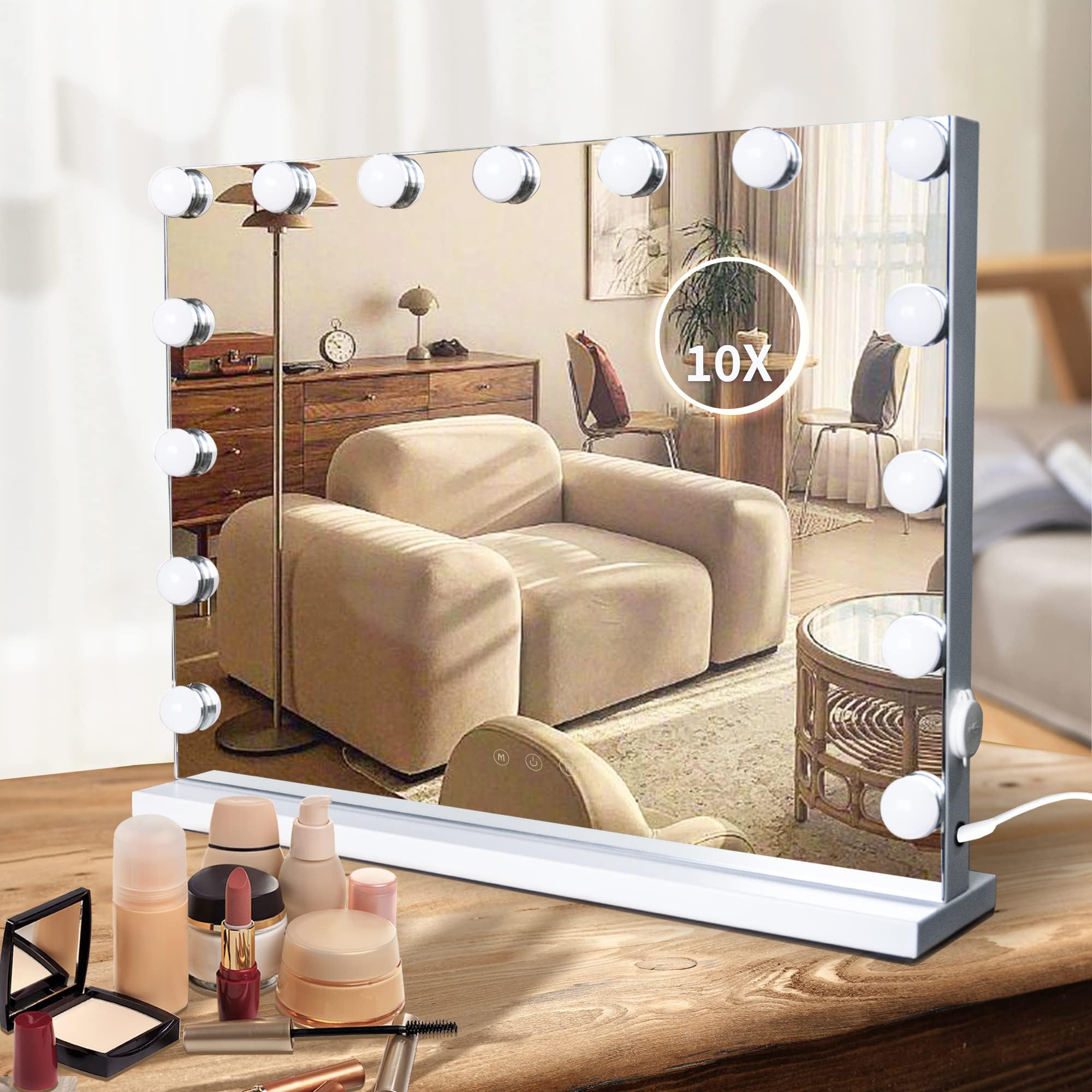 Slimoon Hollywood Vanity Mirror With Lights, 15 Dimmable Led Bulbs 3 Color Lighted Makeup Mirror With Detachable 10X Magnificati