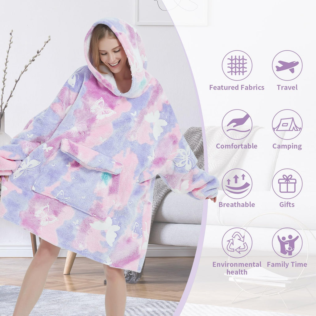 Fiosnow Glow In The Dark Butterfly Blanket Hoodies For Women And Men Adult Oversize Wearable Blanket Hoodies For Soft And Warm
