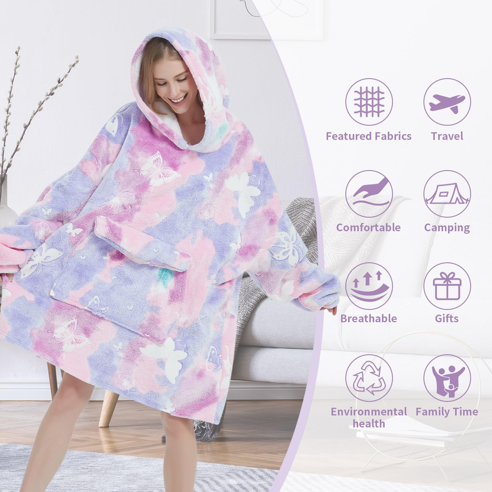 Fiosnow Glow In The Dark Butterfly Blanket Hoodies For Women And Men Adult Oversize Wearable Blanket Hoodies For Soft And Warm