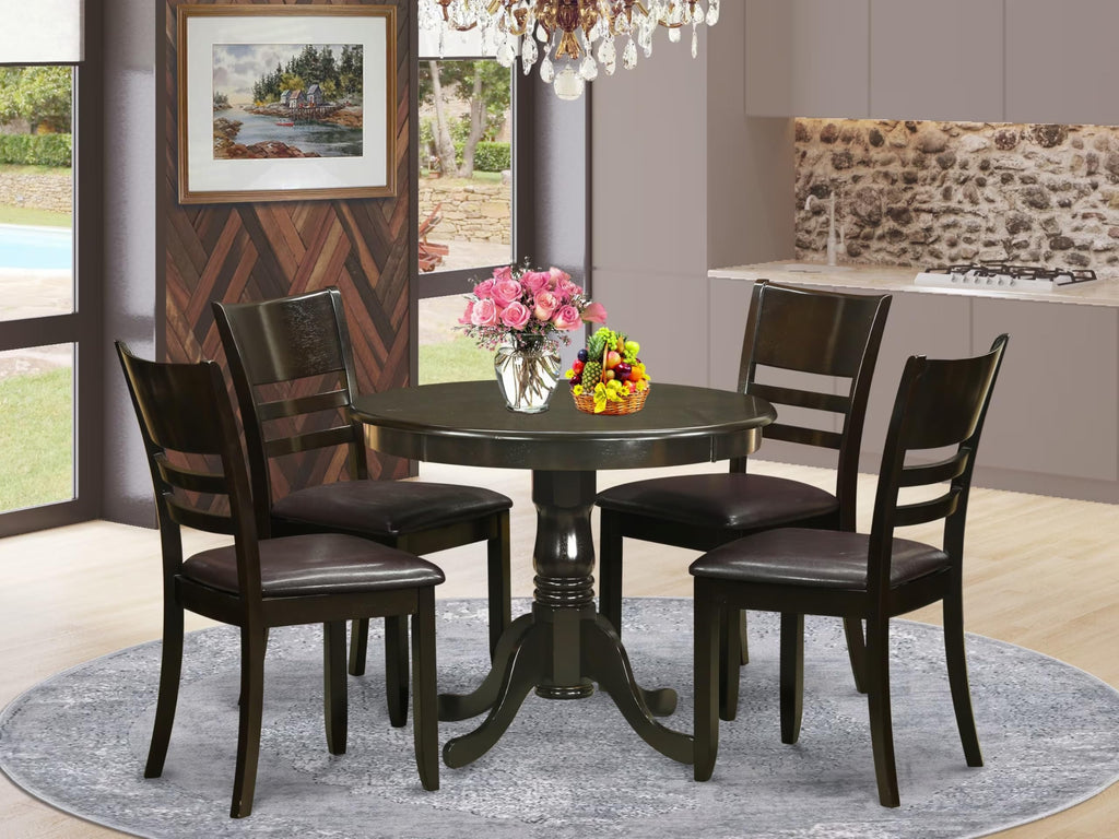 East West Furniture ANLY5-CAP-LC 5 Piece Kitchen Table & Chairs Set Includes a Round Dining Room Table with Pedestal and 4 Faux Leather Upholstered Dining Chairs, 36x36 Inch, Cappuccino
