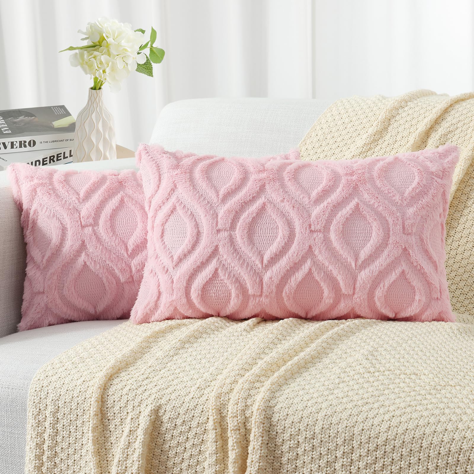 Decoruhome Decorative Throw Pillow Covers 12X20 Set Of 2, Soft Plush Faux Wool Lumbar Couch Pillow Covers For Home, Light Pink