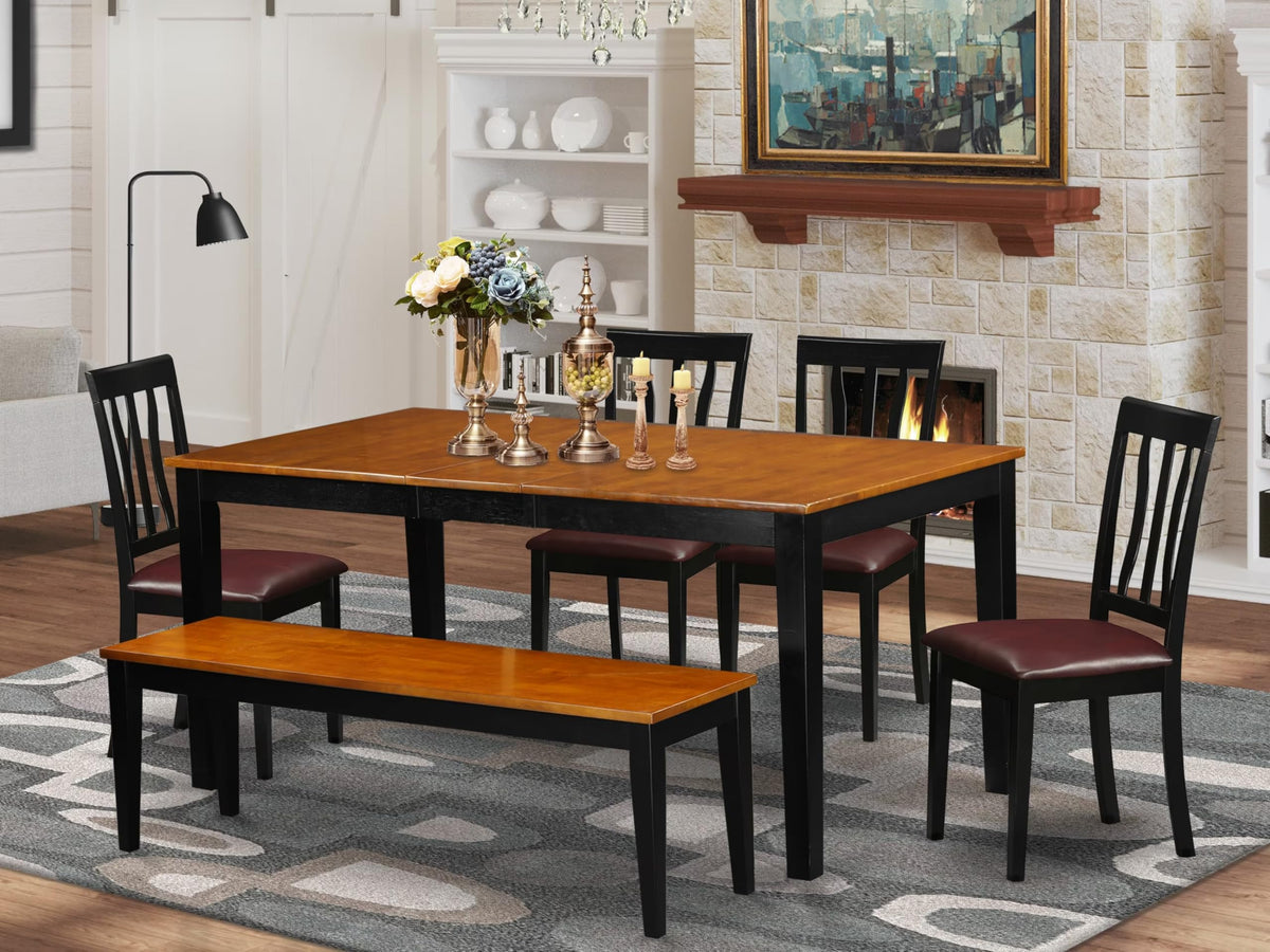 East West Furniture NIAN6-BCH-LC 6 Piece Dining Table Set Contains a Rectangle Dining Room Table with Butterfly Leaf and 4 Faux Leather Upholstered Chairs with a Bench, 36x66 Inch, Black & Cherry