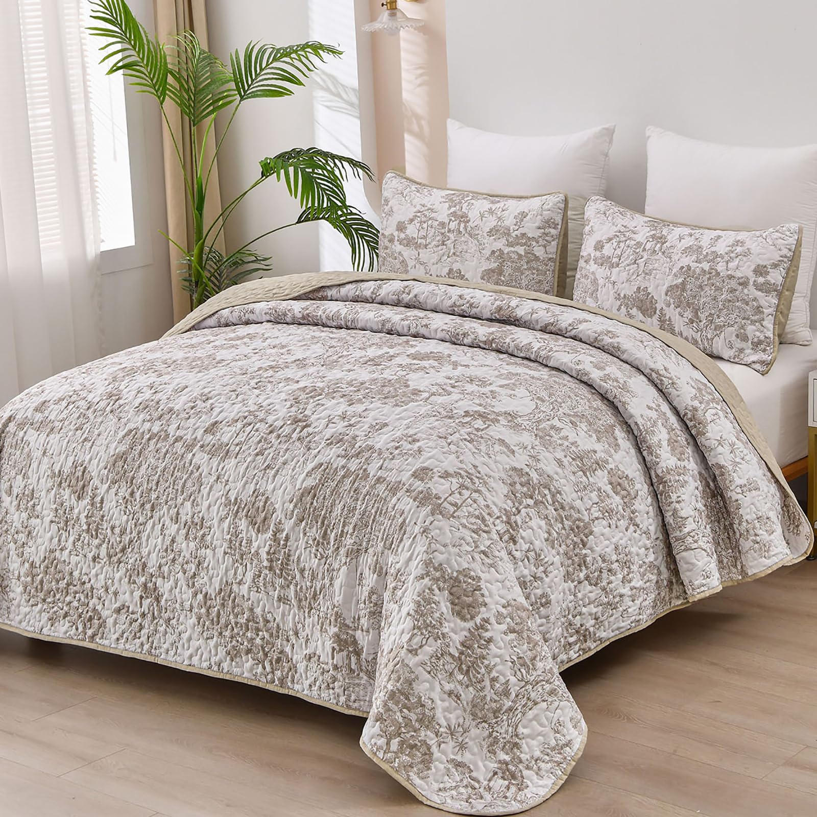 WONGS BEDDING Botanical Quilt Set Queen Size, Khaki 3 Pieces Floral Plants Printed Bedspread Bedding Set Brown Soft Lightweight 
