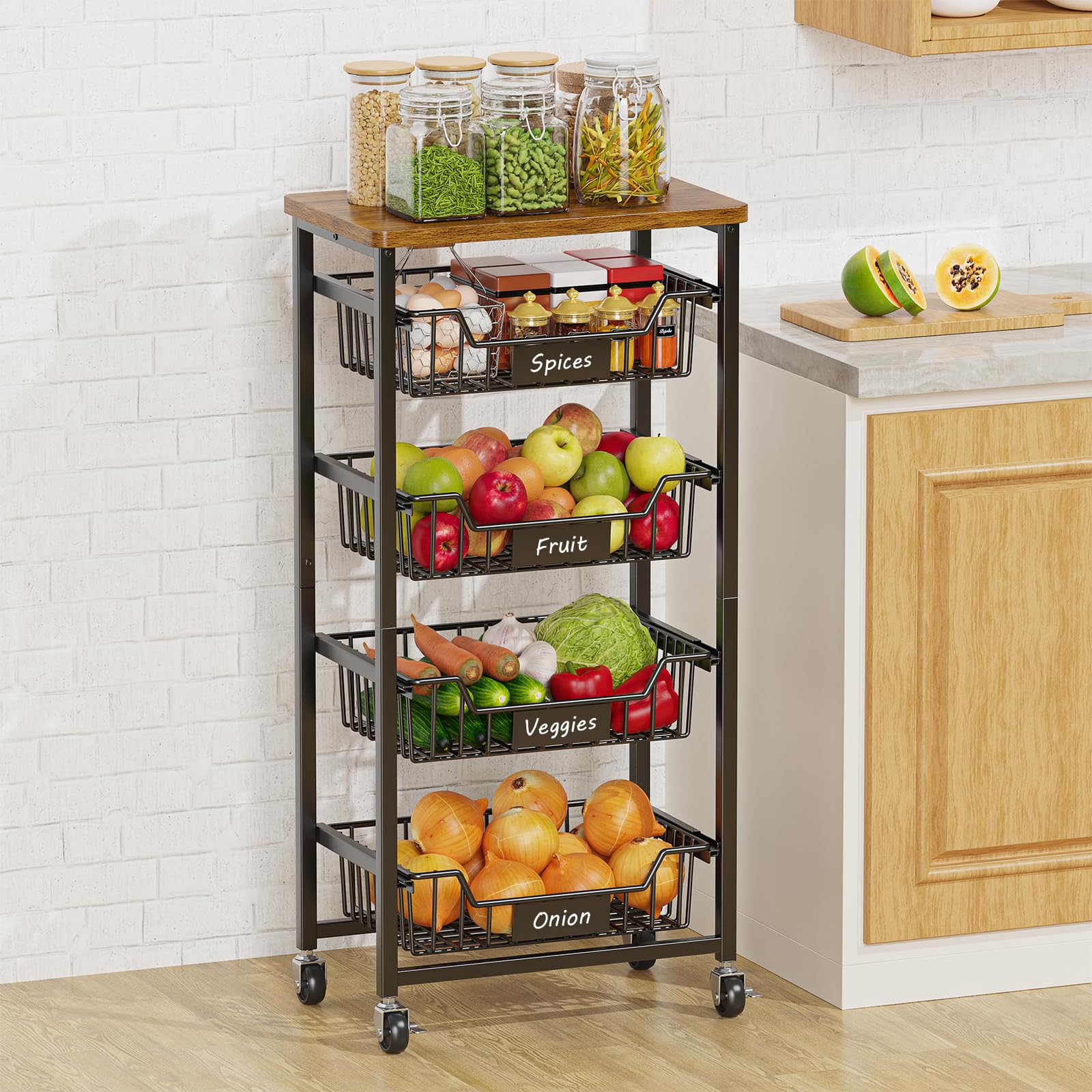 CHLORYARD 5-Tier Vegetable Fruit Basket Kitchen Storage Rolling Cart on Wheels with Pull-Out Baskets and Wood Top for Kitchen Di