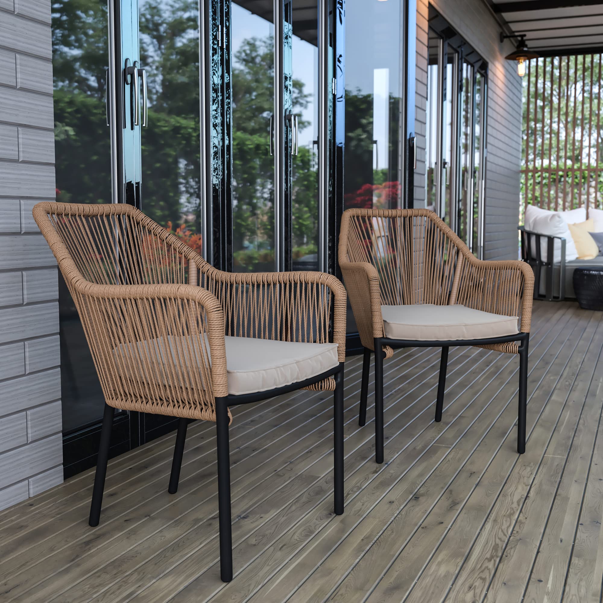 Flash Furniture Kallie Set of 2 Indoor/Outdoor Stacking Club Chairs with Arms - UV Resistant Woven Natural Seat - Ivory Zippered Cushions - Black Aluminum Frame