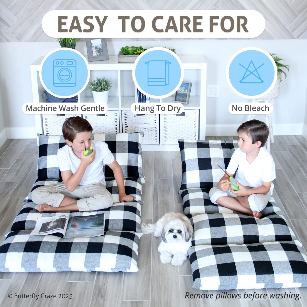 Butterfly Craze Floor Pillow Case, Mattress Bed Lounger Cover, Black/White, King Size - Cozy Seating Solution For Kids & Adults,