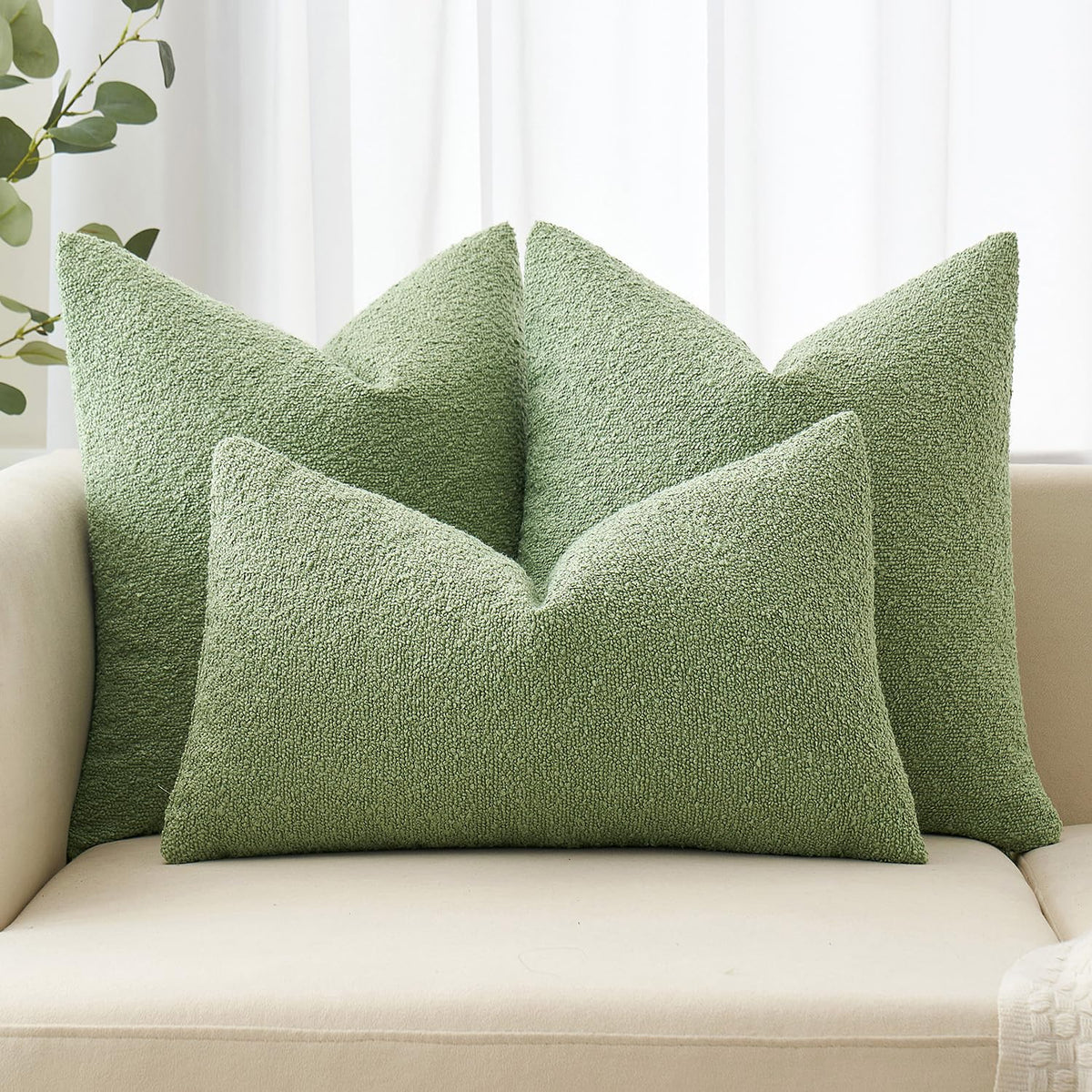 MIULEE Sage Green Throw Pillow Covers - 18x18 Inch, Textured Boucle, Soft Polyester, Set of 2 for Couch, Sofa, Bedroom Decor