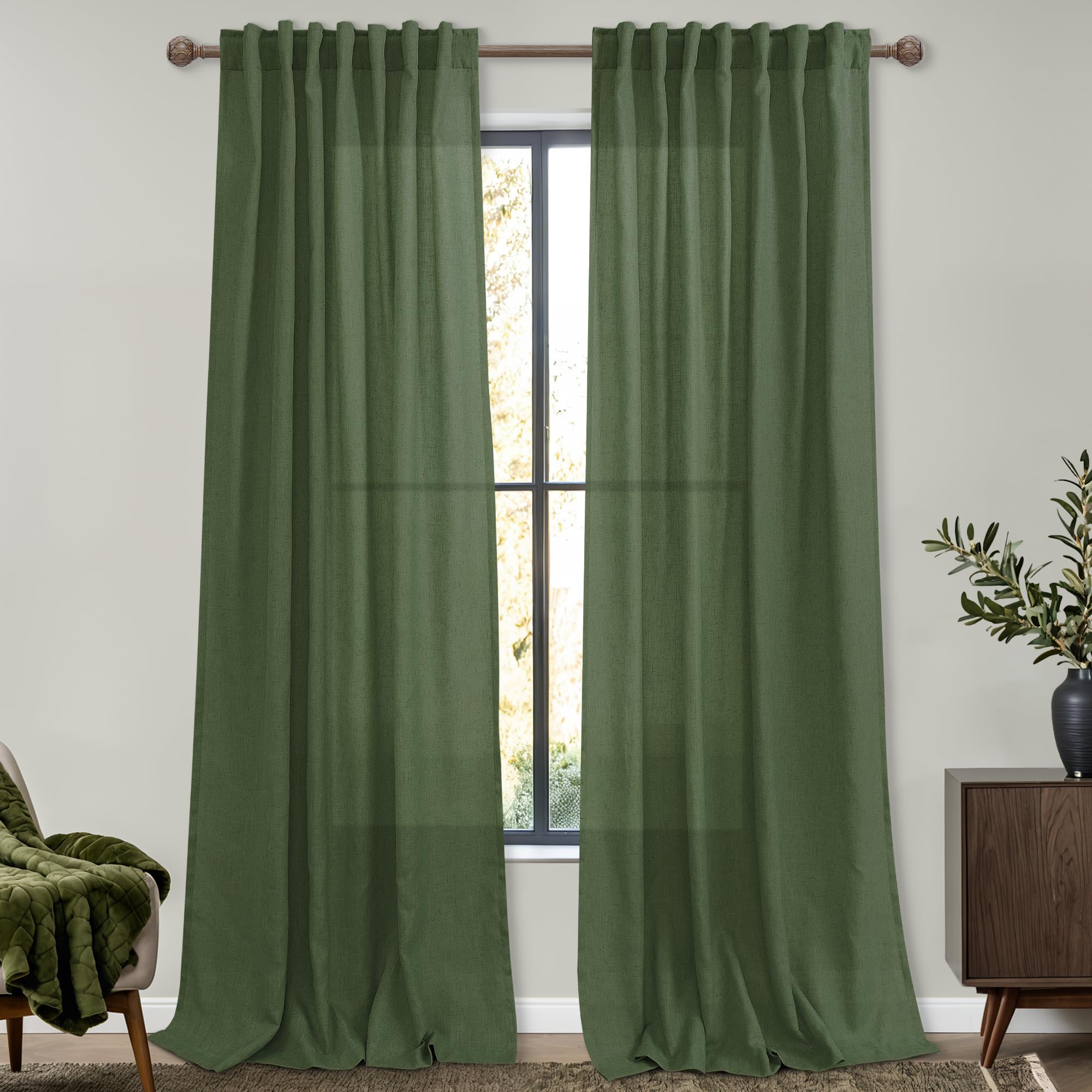 Mrs.Naturall Olive Green Linen Curtains 90 Inch Length For Living Room 2 Panels Set Back Tab Pocket Light Filtering Sheer Boho C