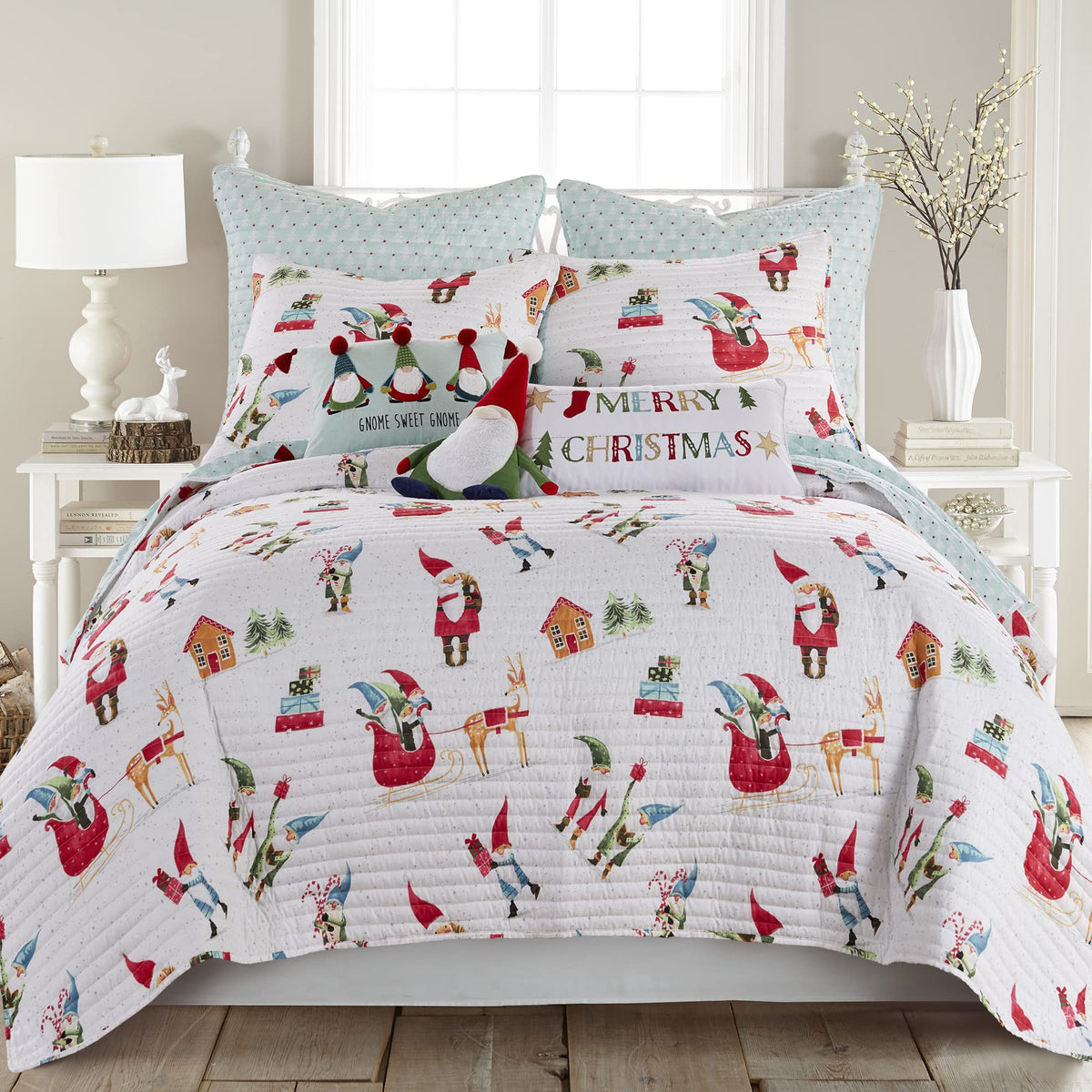 Levtex Home Merry & Bright Collecion - Gnome For The Holidays Quilt - King Holiday Quilt 102X86 - Christmas Gnomes - Red, Green