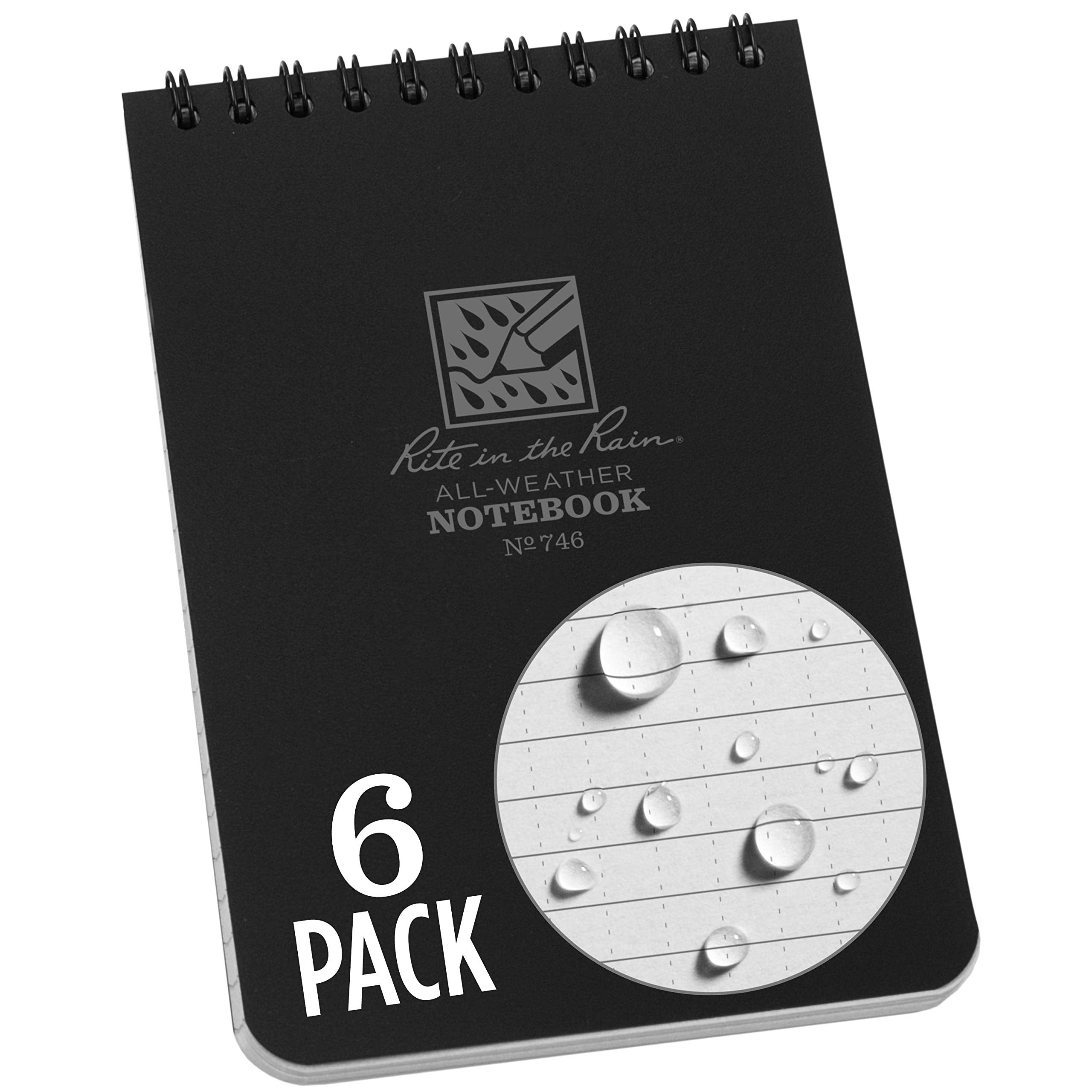 Rite In The Rain Weatherproof Top Spiral Notebook, 4' X 6', Black Cover, Universal Pattern, 6 Pack (No. 746L6)