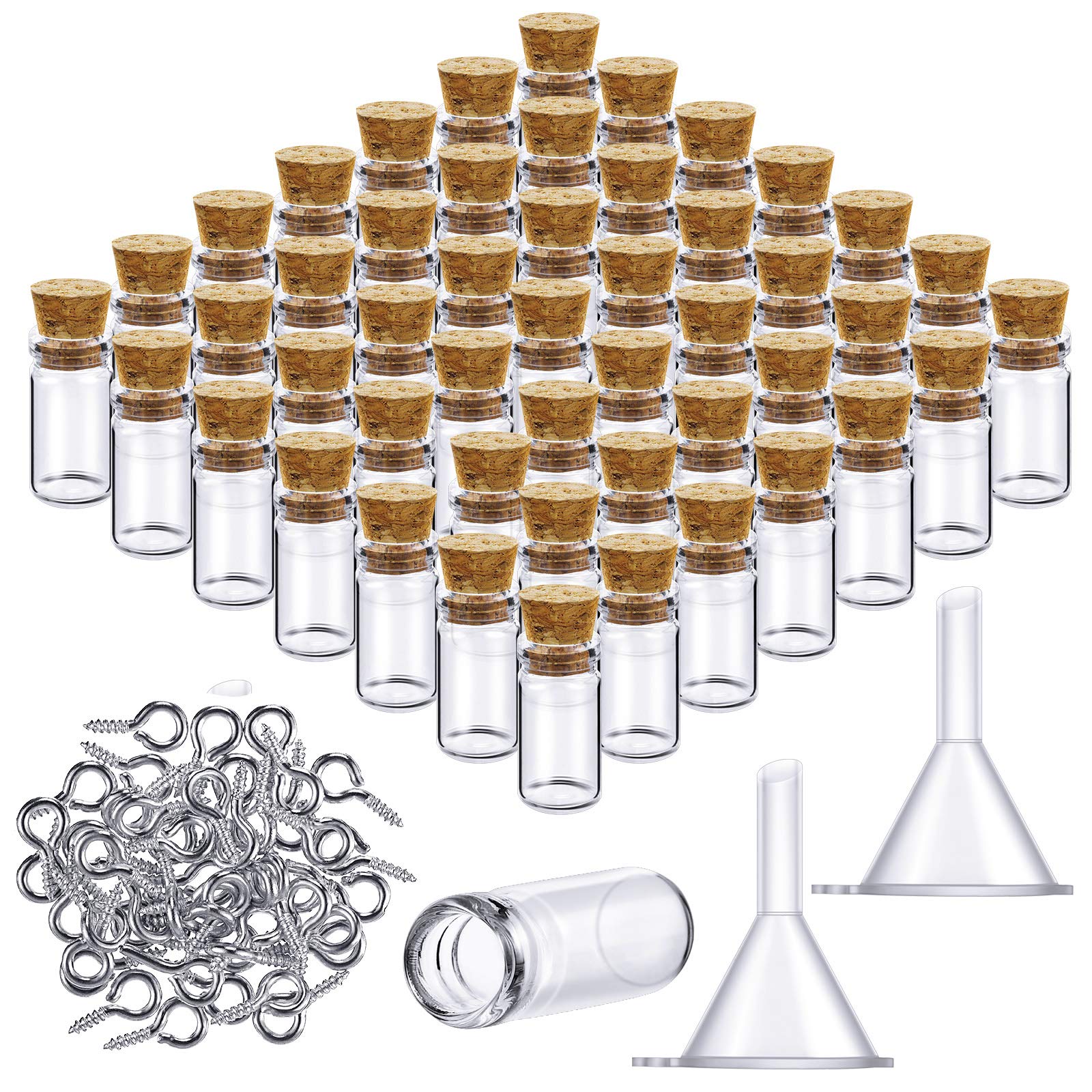 Yungyan 50 Pieces Small Mini Glass Bottles Jars with Cork Stoppers Set, Tiny Cork Glass Bottles with Eye Screws and Small Funnel