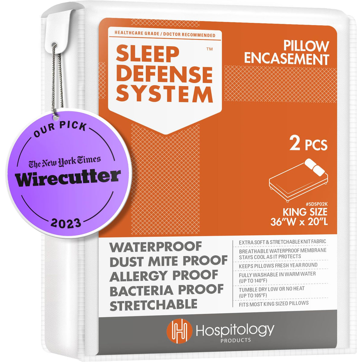 Hospitology Products Pillow Encasement- Zippered Bed Bug Dust Mite Proof Hypoallergenic - Sleep Defense System - King - Waterpro