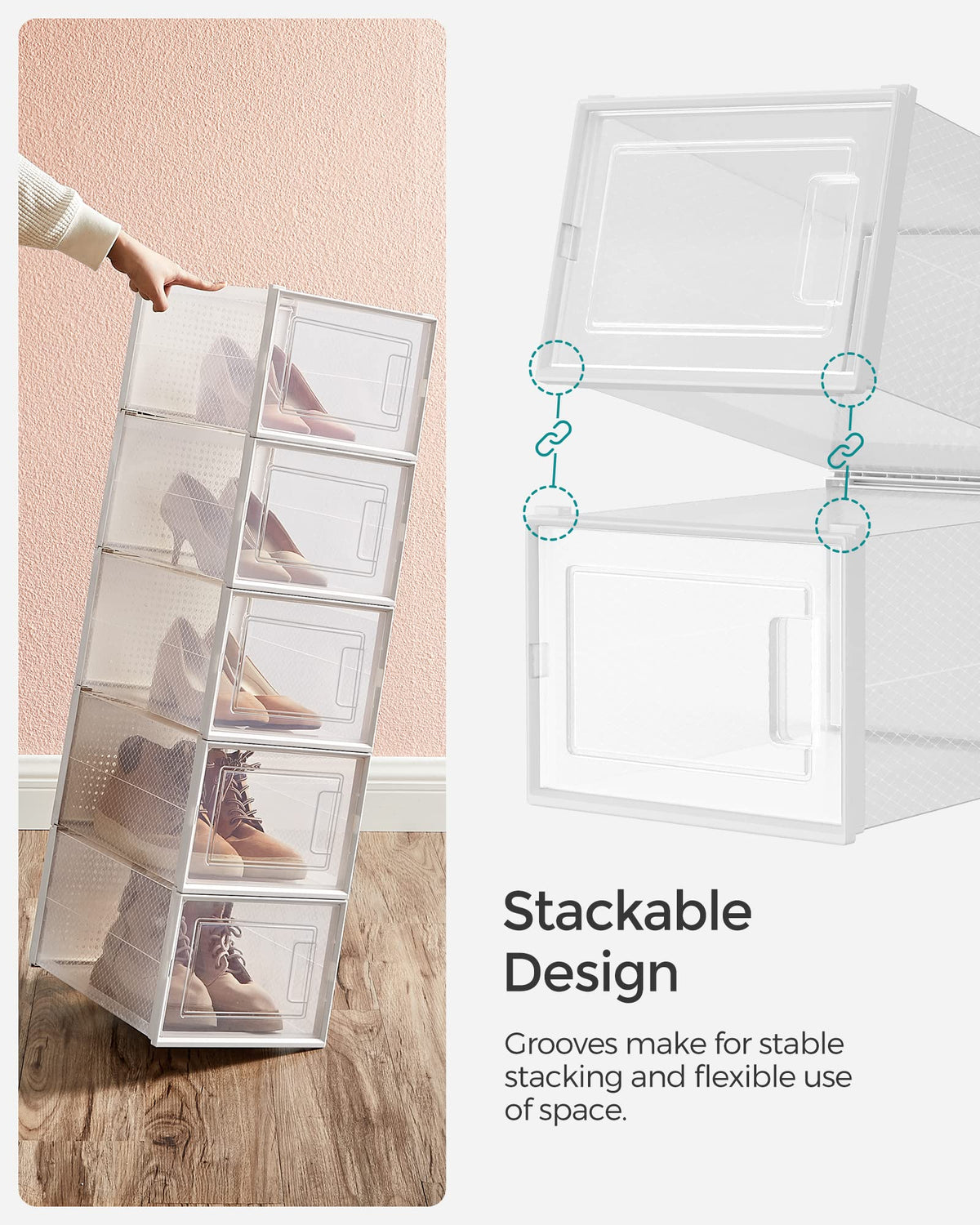 Songmics Shoe Boxes, Pack Of 12 Shoe Storage Organizers, Stackable Clear Plastic Boxes For Closet, Sneakers, 9.9 X 13.7 X 7.4 Inches, Fit Up To Us Size 13, Transparent And White Ulsp12Mwt