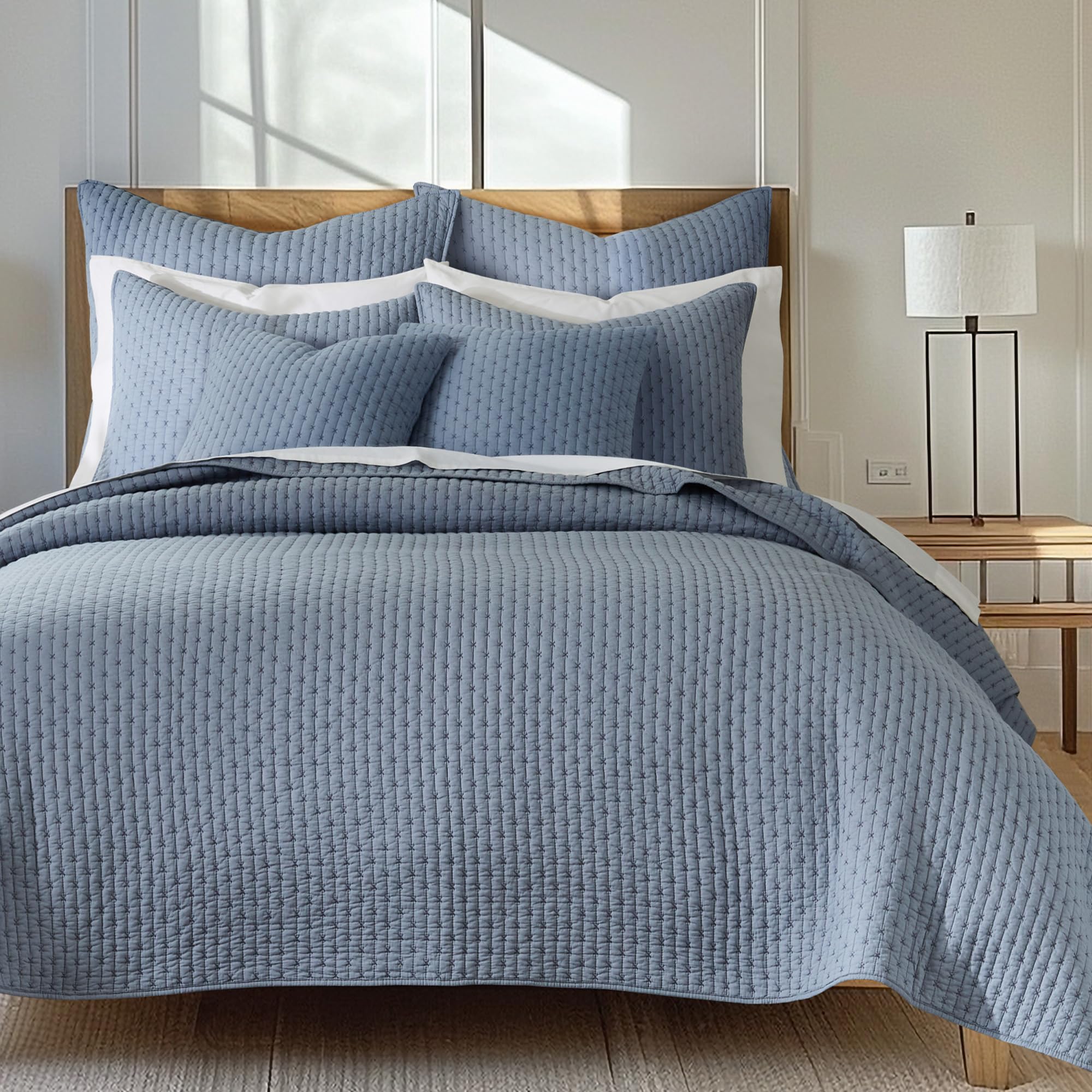 Levtex Home - Cross Stitch Chambray Quilt Set - Full/Queen Quilt + Two Standard Pillow Shams - Cross Stitched Pattern - Quilt Si