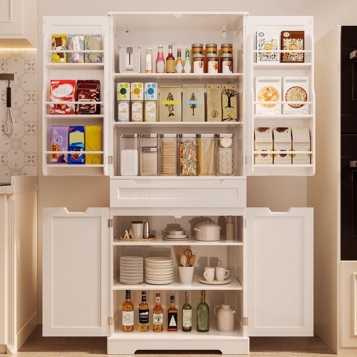 Gizoon 71' Tall Kitchen Pantry Cabinet With Doors And Shelves Large Stand Up Pantry Storage Cabinet With Drawer Large Food Cupboard Storage Cabinet For Kitchen Bathroom Craft Room, White