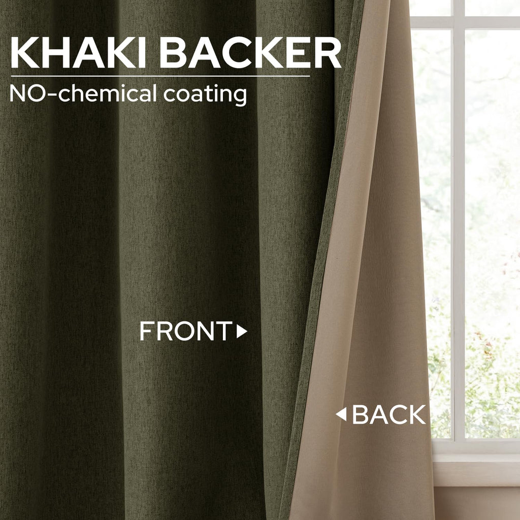 Homeideas Olive Green 100% Blackout Curtains, 2 Panels Faux Linen Curtains Room Darkening Curtains 52 X 84 Inches Thermal Insula