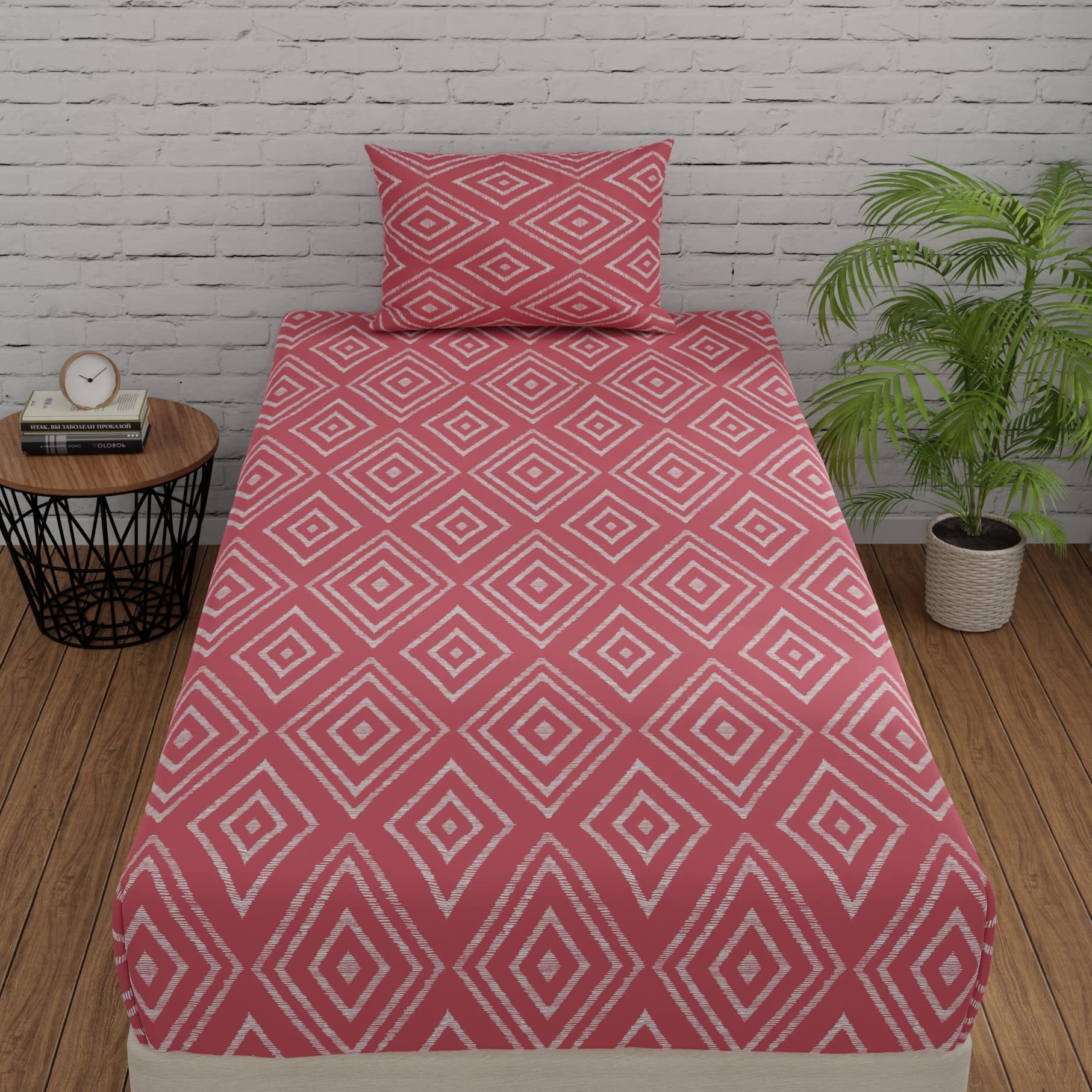 Huesland By Ahmedabad Cotton 144 Tc Single Bedsheet Elastic Fitted Pure Cotton With 1 Pillow Cover | 3Ft X 6.5Ft | Peach Pink