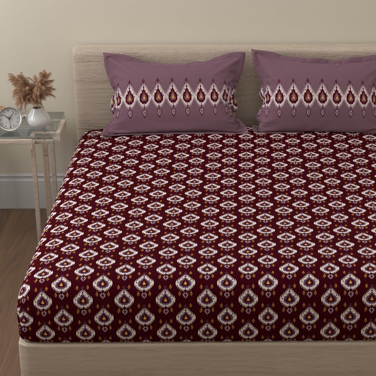 Huesland By Ahmedabad Cotton 144 Tc Double Bedsheet Cotton With 2 Pillow Covers | Magenta & White