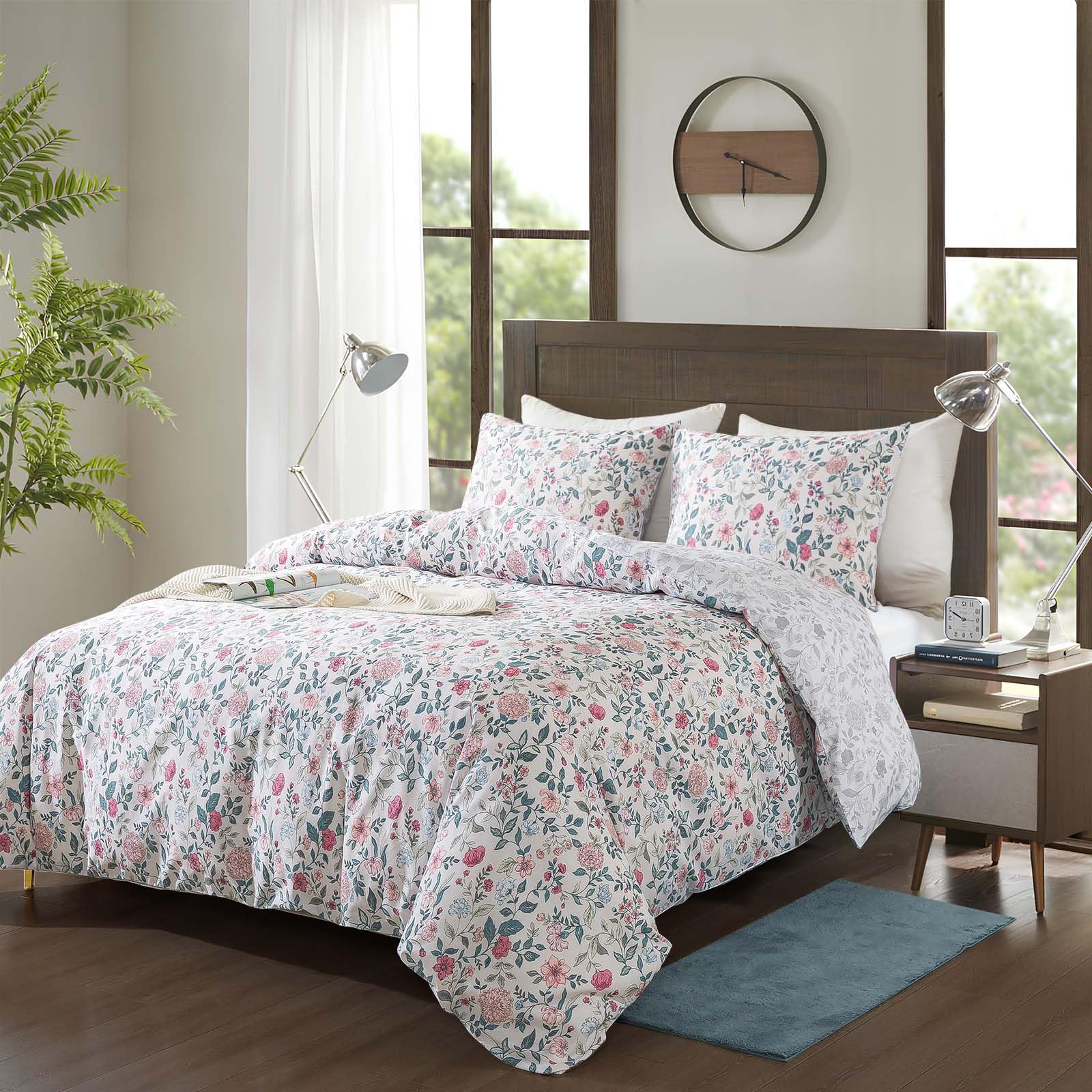 Honeilife King Size Duvet Cover - Cotton Comforter Cover, Soft & Breathable Floral Bedding Duvet Cover Sets With Zipper Closure