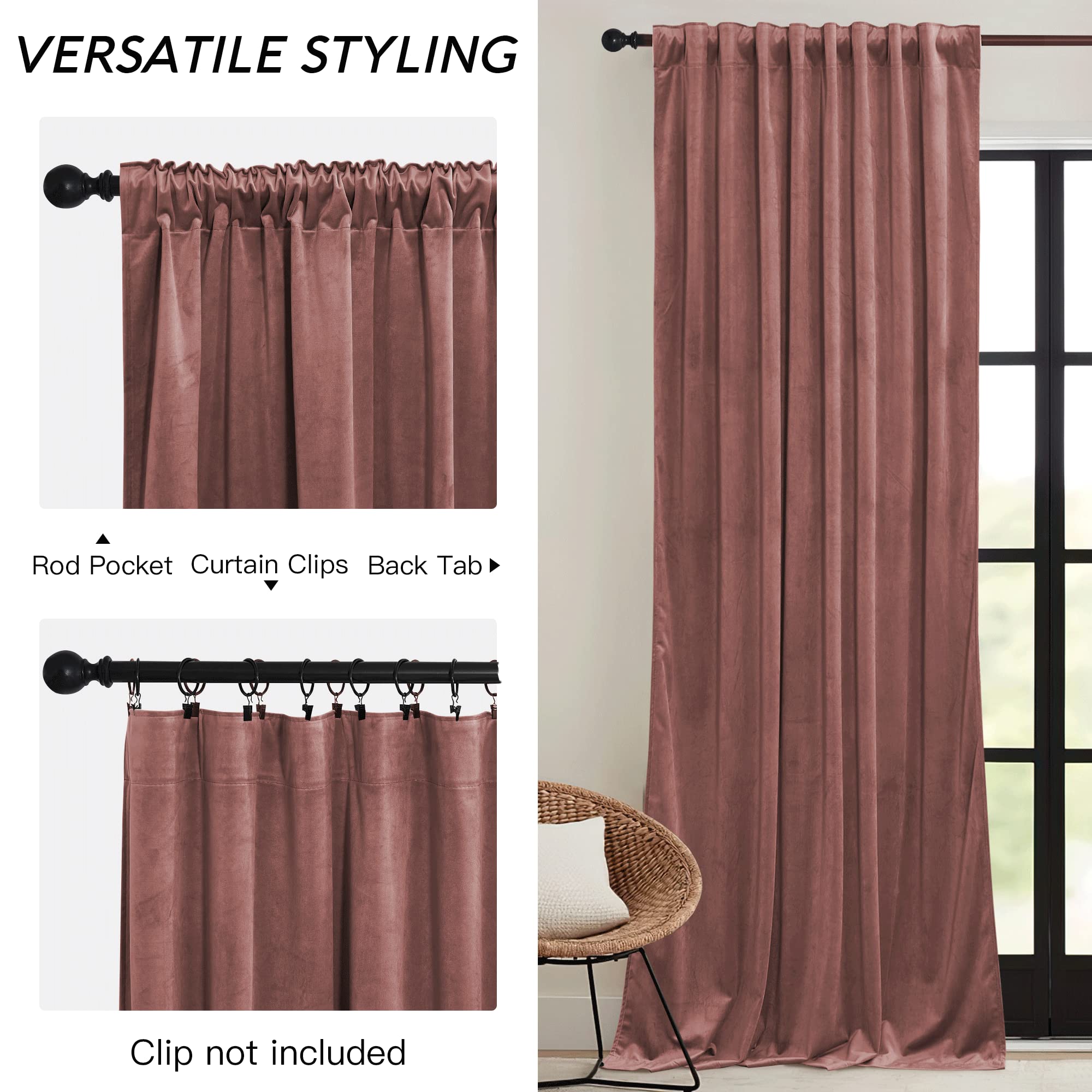 Ryb Home Dusty Pink Velvet Curtains 84 Inch, Room Darkening Window Curtains For Living Room Energy Efficient Backdrop Festival Decor For Girls Bedroom Dining Room, Wild Rose, W52 X L84 Inch, 2 Panels