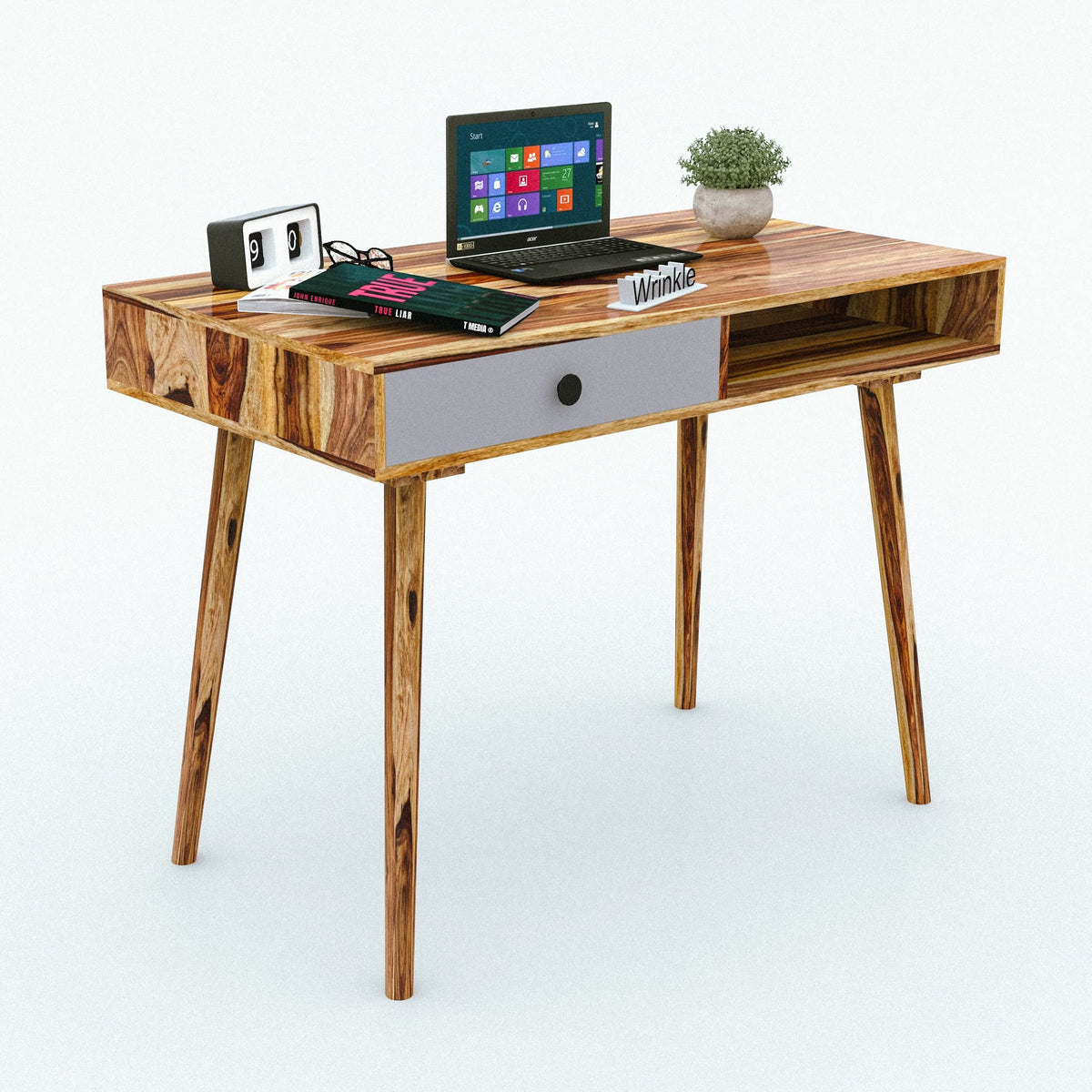 Wrinkle Sheesham Wood Writing Study Table Office Desk Laptop Workstation Tables With Drawers & Shelf Storage For Home Study Room
