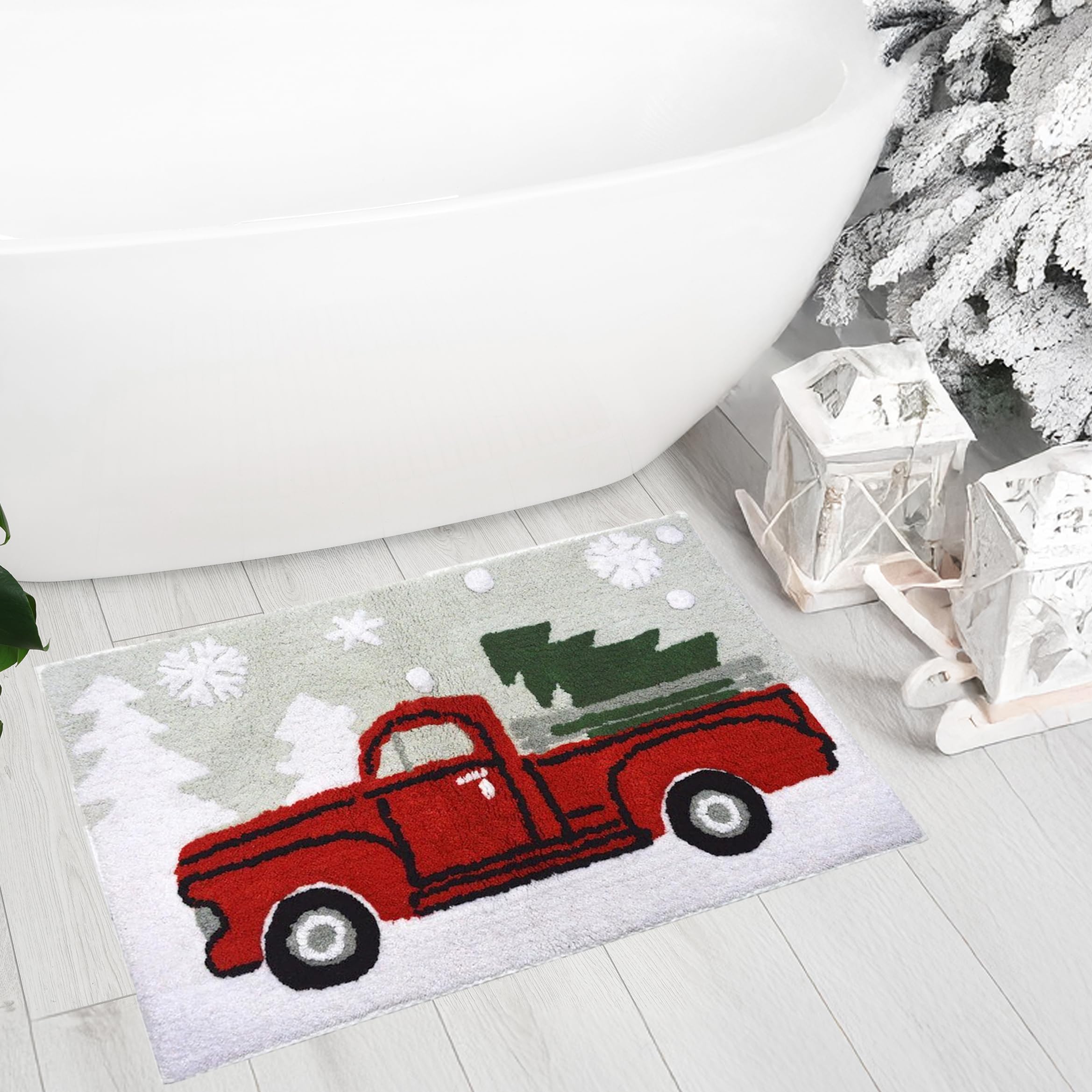 Gilbins Christmas Holiday Decor Square Pick Up Truck with Christmas Tree Water Absorbent Bathroom Vanity Bath Rug 20x30, 100% Co