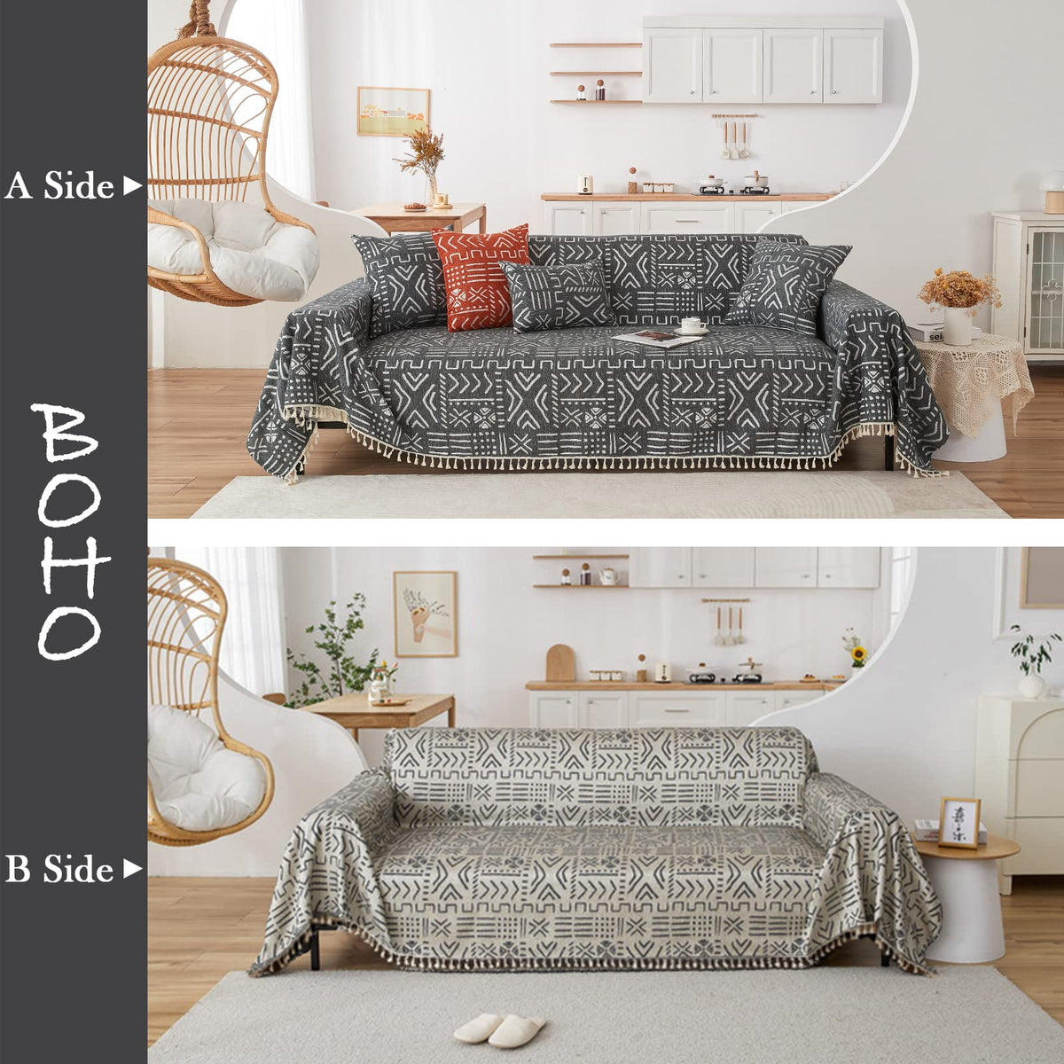 Handontime Black White Boho Sofa Cover Geometric Farmhouse Tassel Couch Covers Boho Living Room Décor Dog Sofa Covers For Slipcover Aesthetic Couch Cushion Cover Couch Protector For Dogs, 71' X134'
