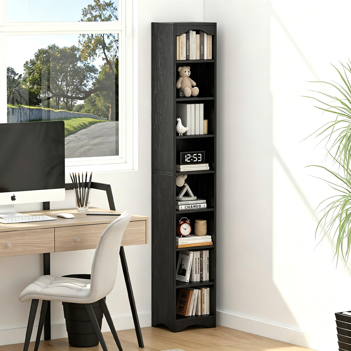 VECELO 71 Narrow Bookshelf 8Tier, Slim Corner Bookcase with 6 Adjustable Shelves, Elevated Base Storage Shelf for Small Spaces
