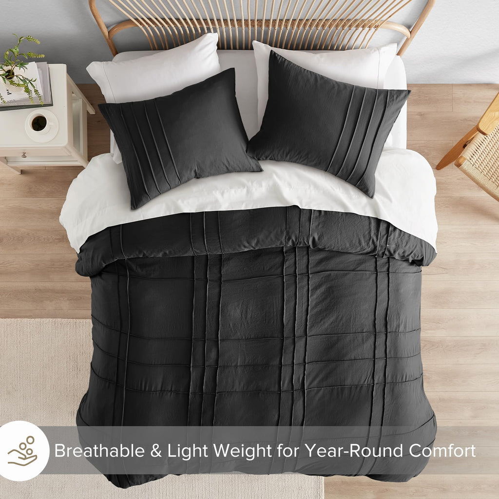 Comfort Spaces Black King Size Duvet Cover Set - 3 Pieces Pintuck Pleated Duvet Cover King, All Season Lightweight, Extra Softness Pre-Washed Microfiber King Bedding Cover Shams, King/Cal King