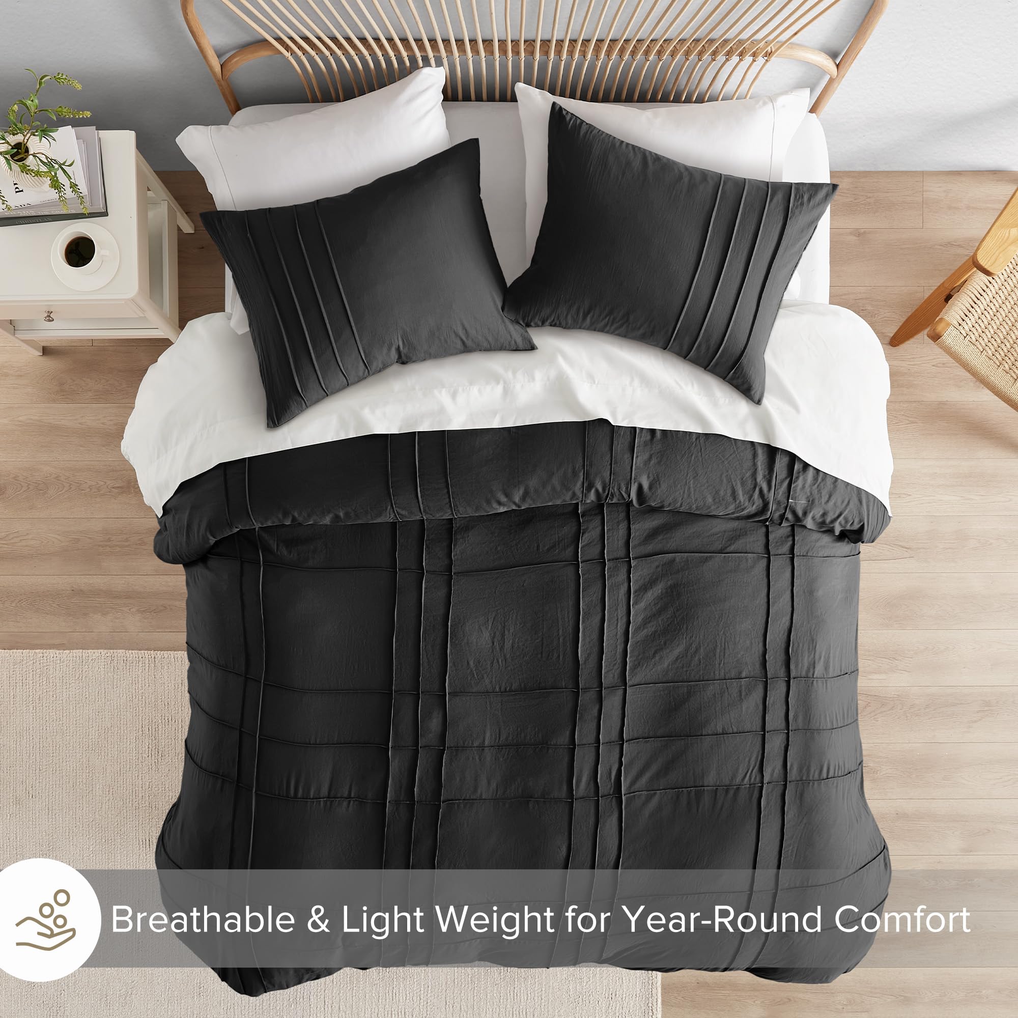 Comfort Spaces Black King Size Duvet Cover Set - 3 Pieces Pintuck Pleated Duvet Cover King, All Season Lightweight, Extra Softness Pre-Washed Microfiber King Bedding Cover Shams, King/Cal King