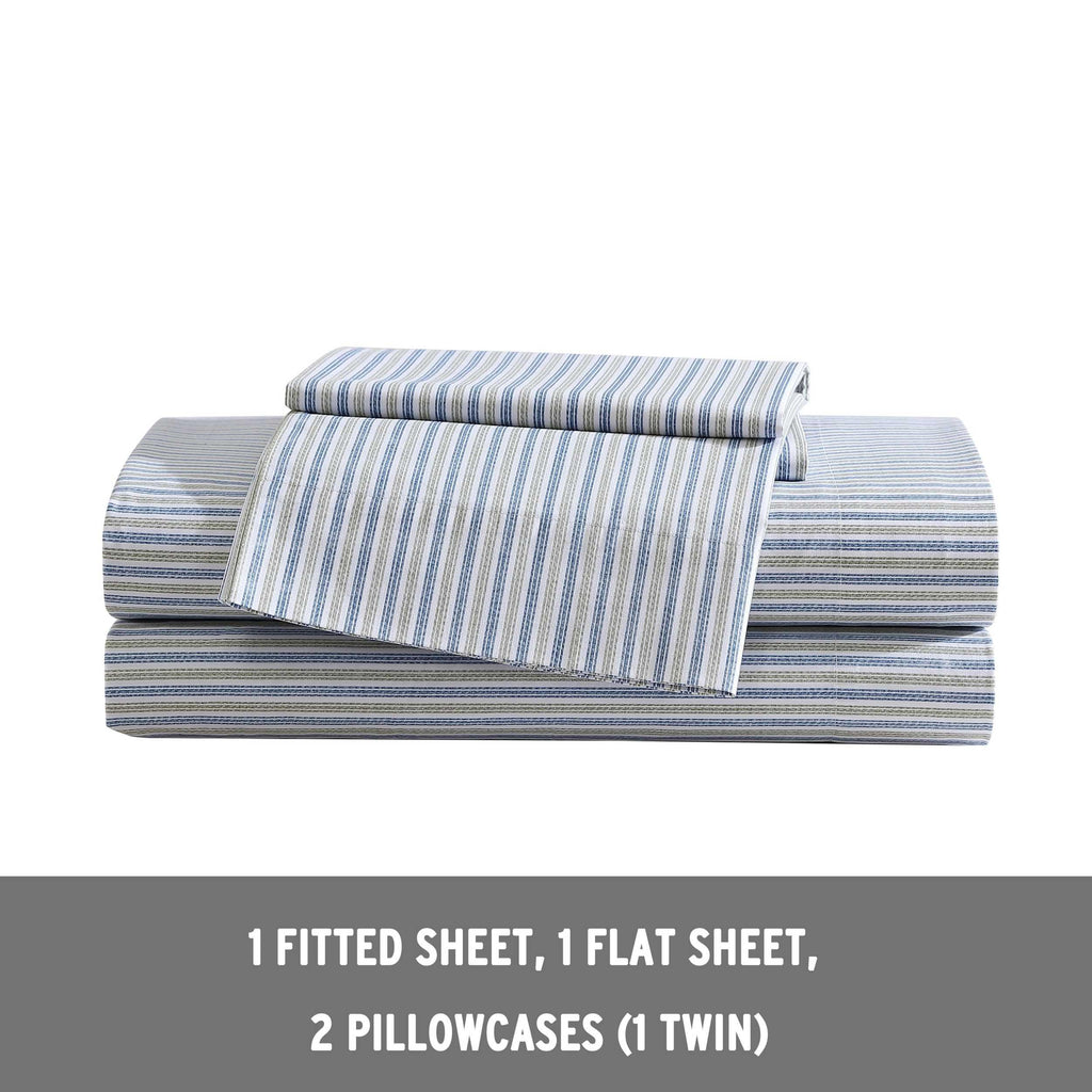 Eddie Bauer - Full Sheets, Cotton Percale Bedding Set, Crisp & Cool Home Decor (Ticking Stripe Navy/Green, Full)