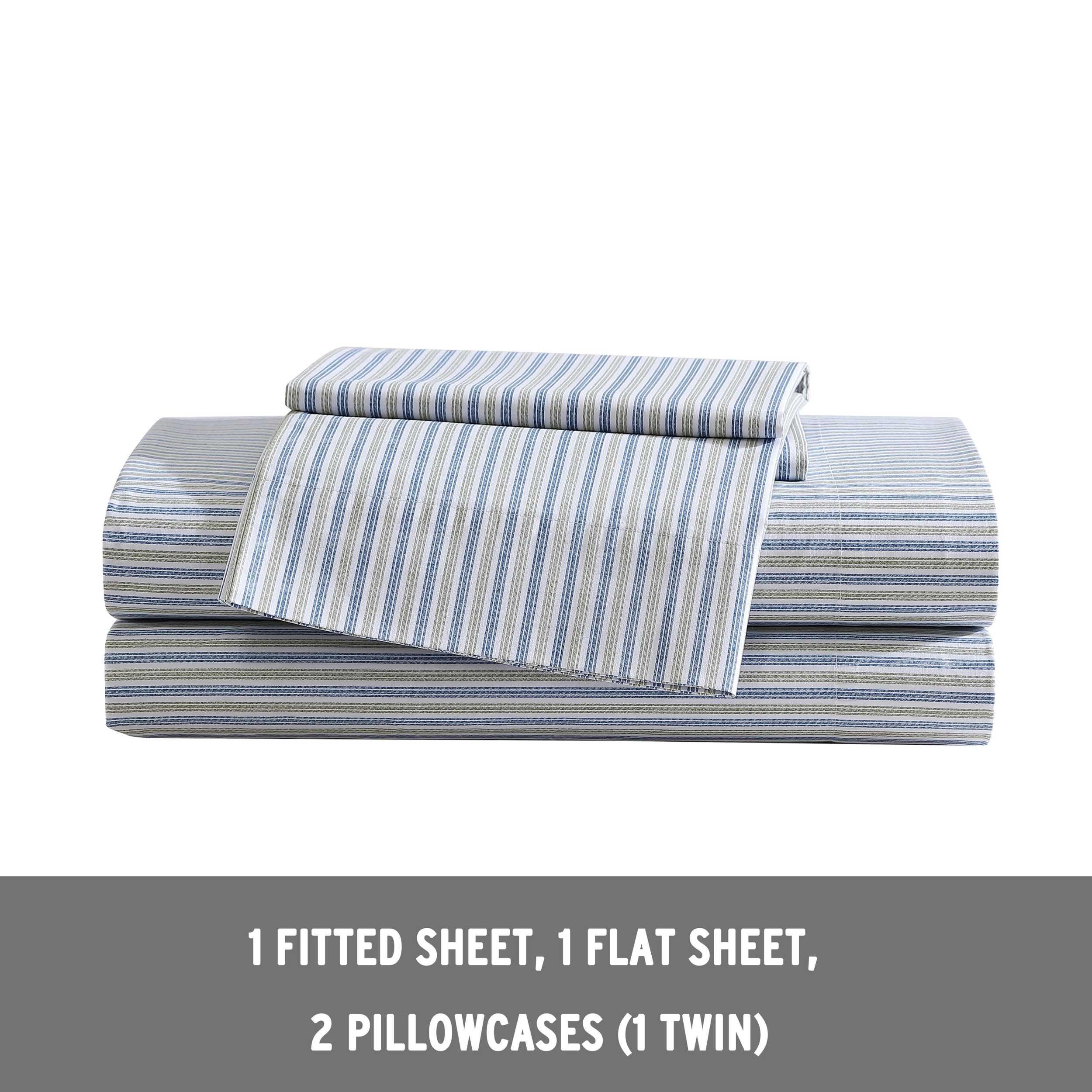 Eddie Bauer - Full Sheets, Cotton Percale Bedding Set, Crisp & Cool Home Decor (Ticking Stripe Navy/Green, Full)