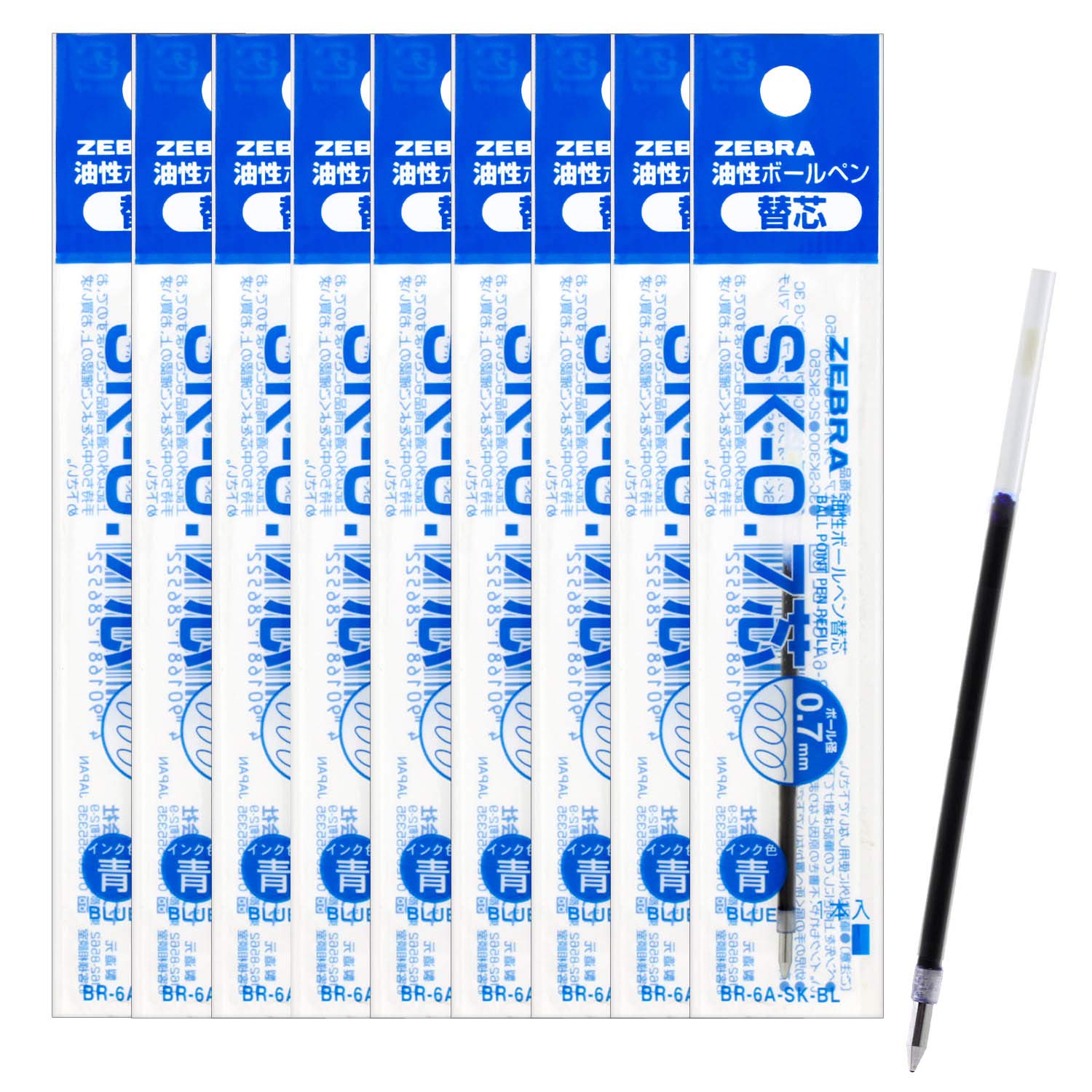 Zebra B-Br-6A-Sk-Bl Clip-On Oil-Based Ballpoint Pen Refill, Sk-0.7 Core, Blue, 10 Pieces