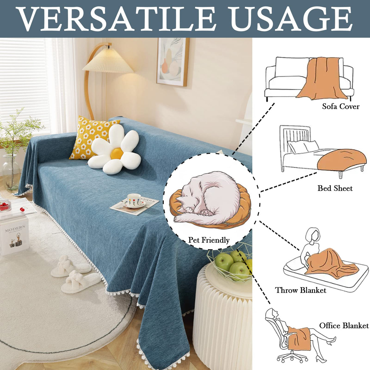 Handontime Navy Blue Sectional Couch Covers, Sofa Covers For 3 Cushion Couch Chenille Couch Cover Durable Rv Dinette Cushion Covers With Floral Lace Couch Cover For Dogs Kids Easy Fitted, 71' X134'