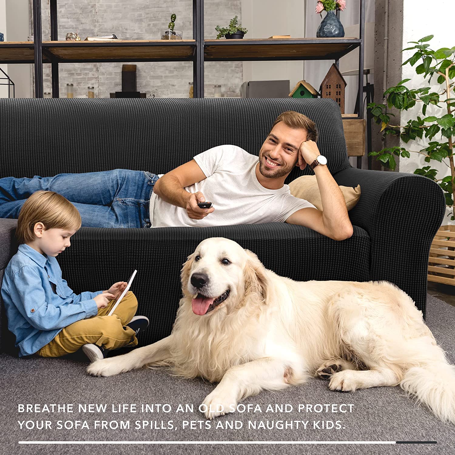 Znsayotx Stretch Oversized Couch Cover Universal Sofa Covers For Living Room Dogs Pet Furniture Protector Spandex Extra Large Sofa Slipcovers With Anti Slip Foam Sticks (Black, Xl Sofa)